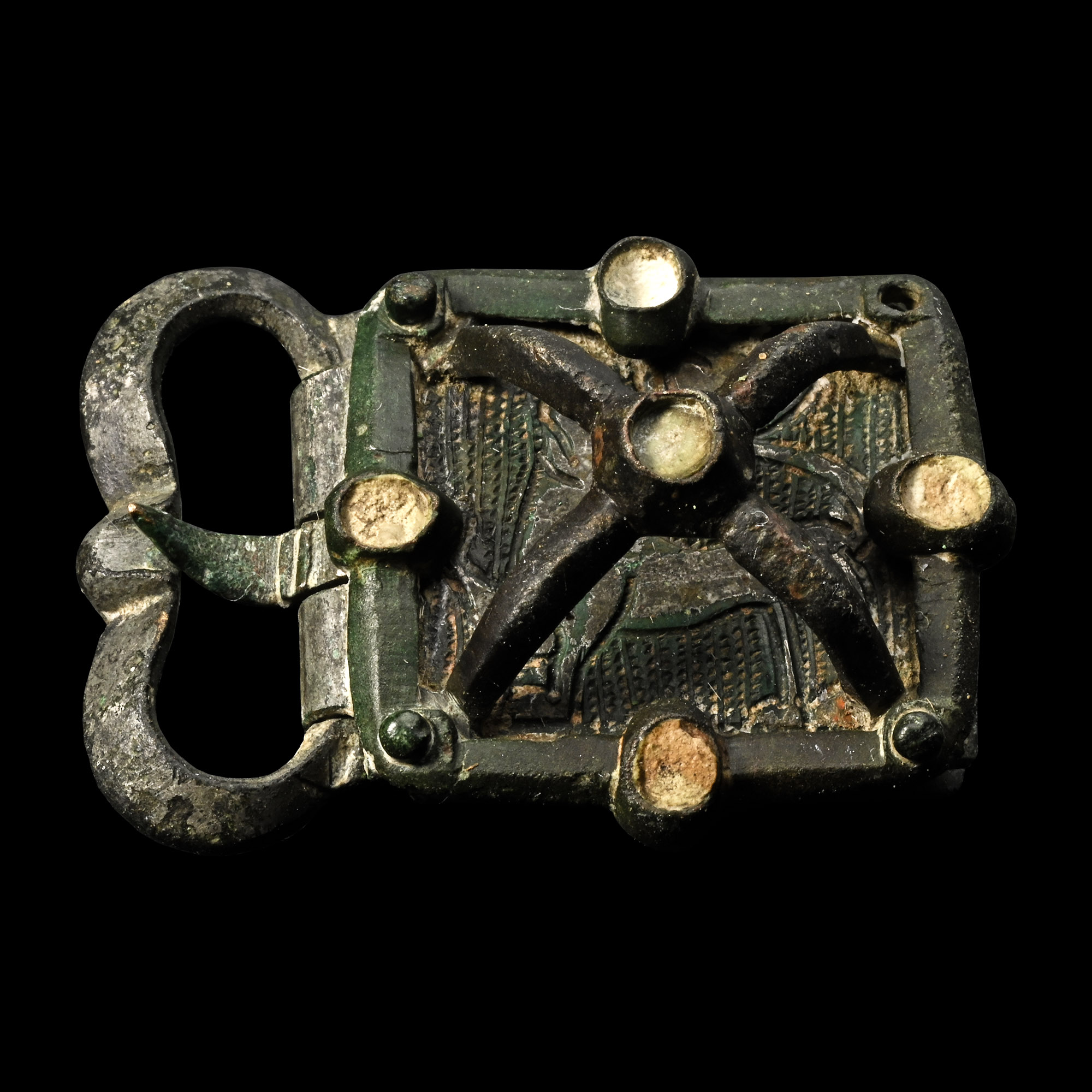 Medieval Bronze Buckle with Engraved Lion on Plate within Cage