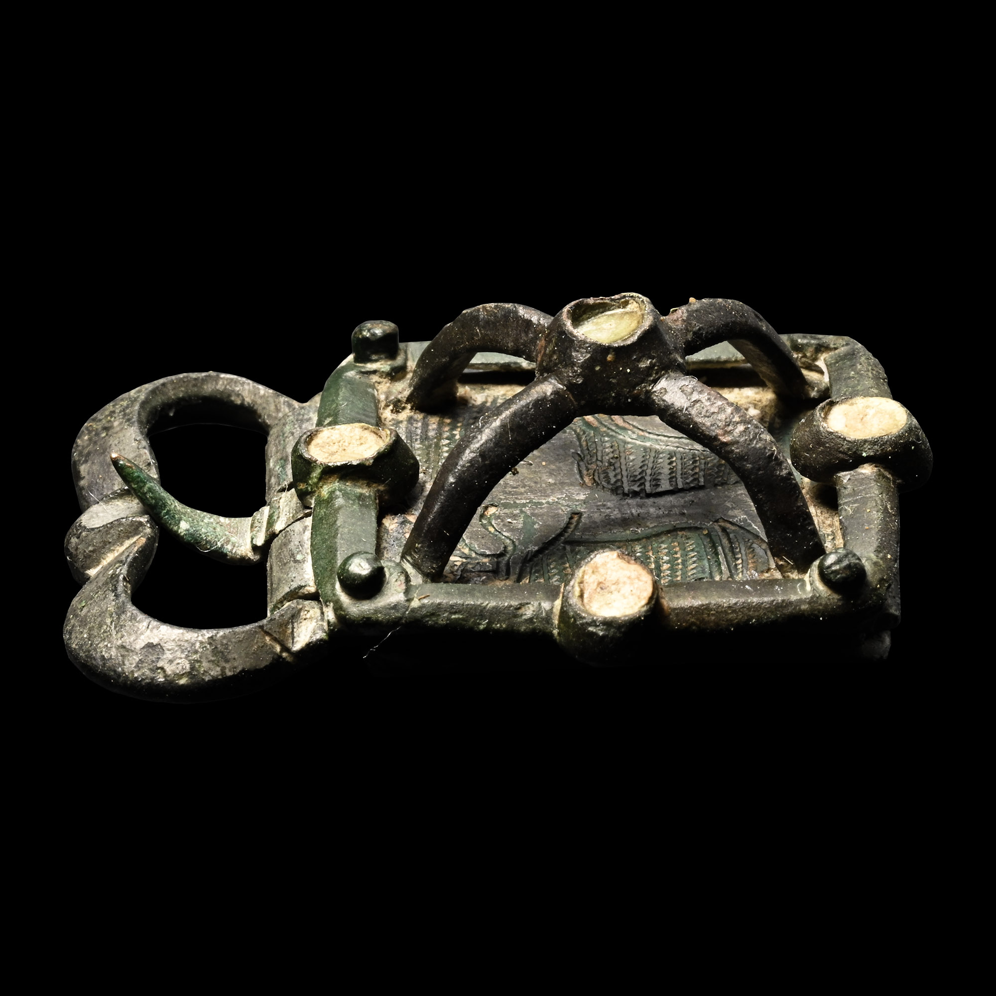 Medieval Bronze Buckle with Engraved Lion on Plate within Cage