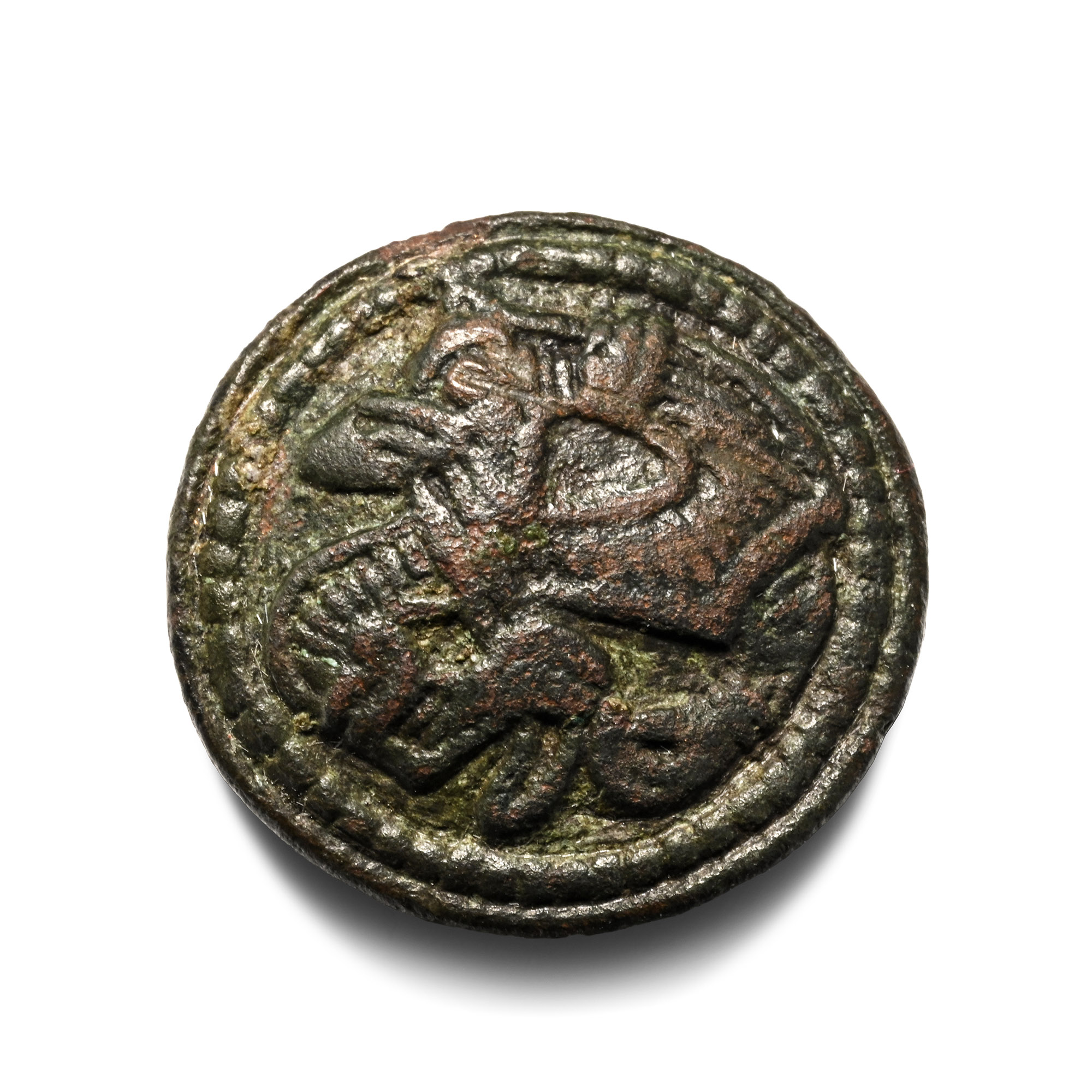Anglo-Scandinavian Bronze Jellinge-style Domed Disc Brooch with Entwined Beast Facing Back