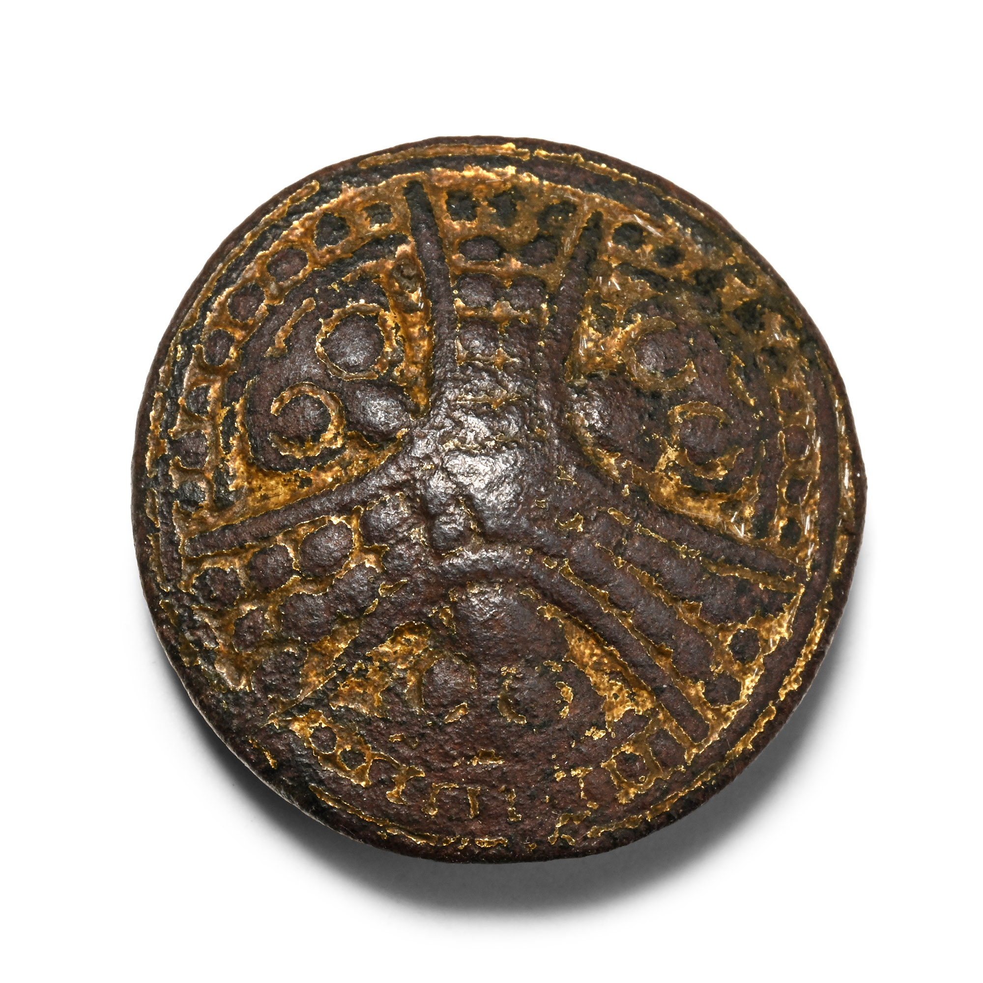 Anglo-Scandinavian Viking Gilt Bronze Borre Style Disc Brooch with Animal Heads