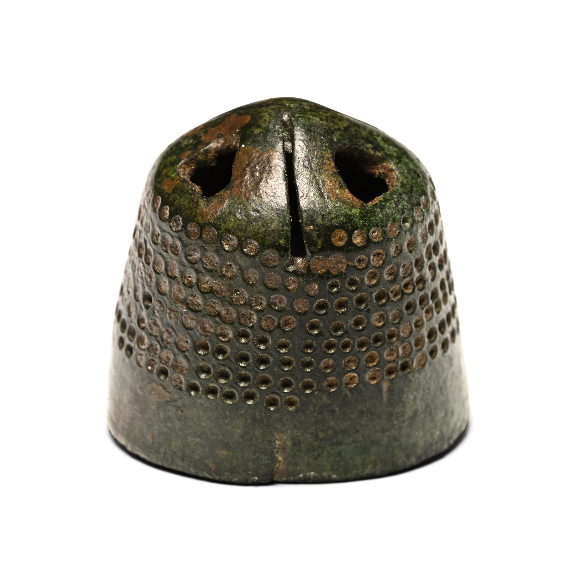 Medieval Bronze Beehive Thimble with Openwork Lovers' Hearts