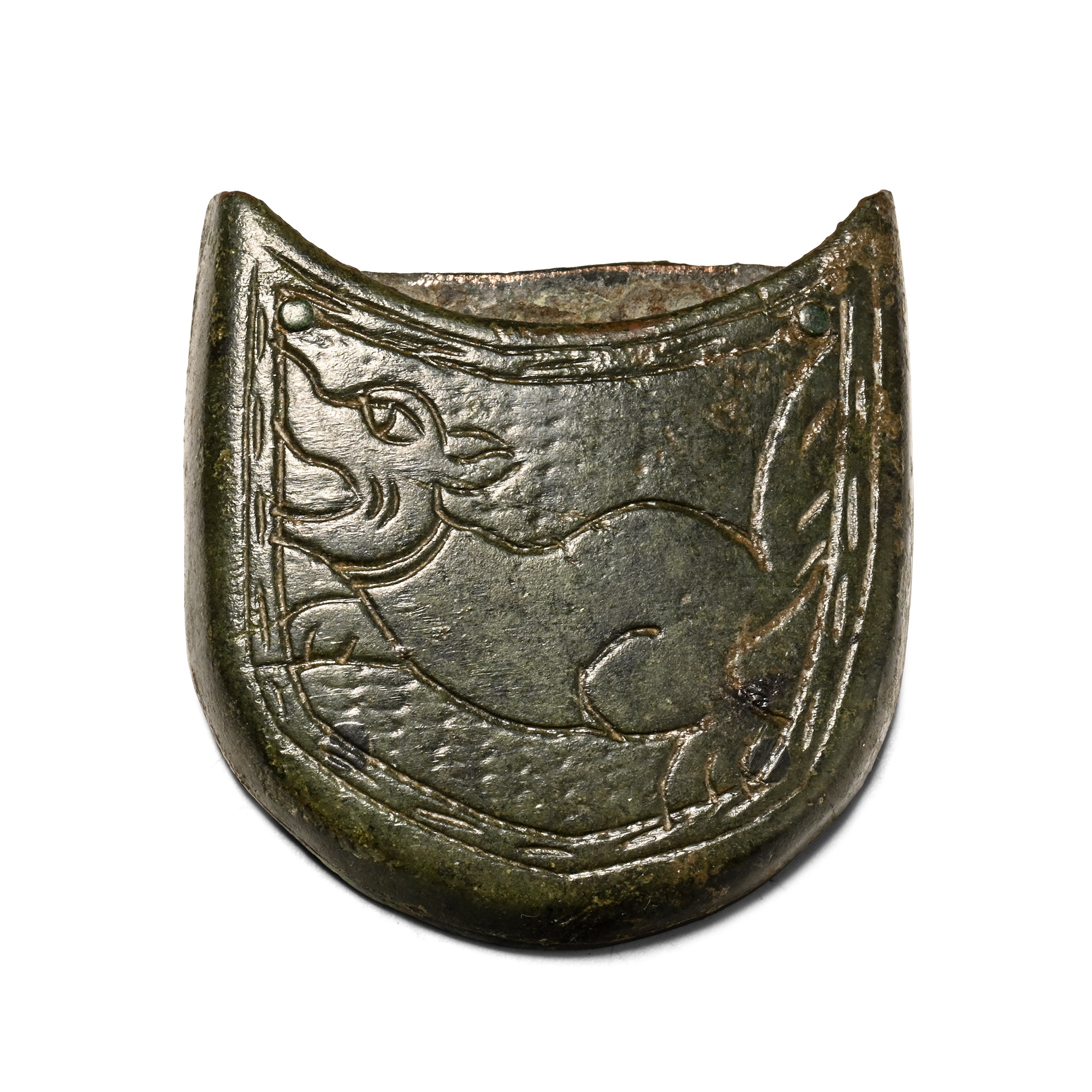 Large Medieval Bronze Dagger Chape with Animal