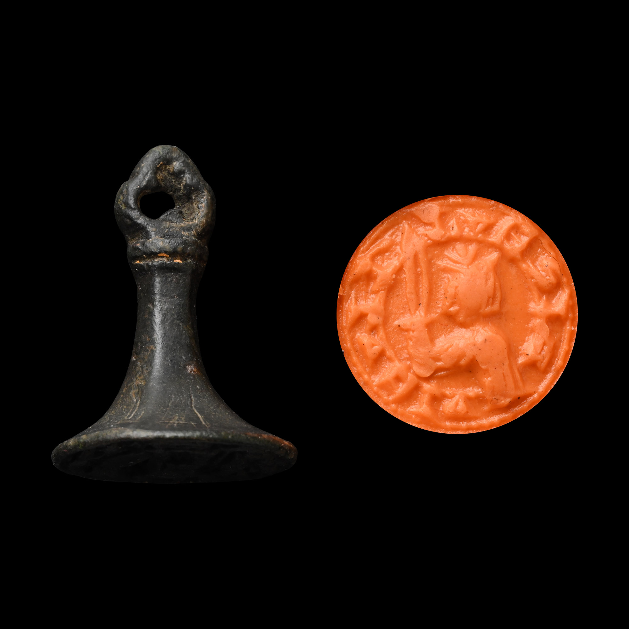 Medieval Bronze Round Seal Matrix with Knight Holding a Sword