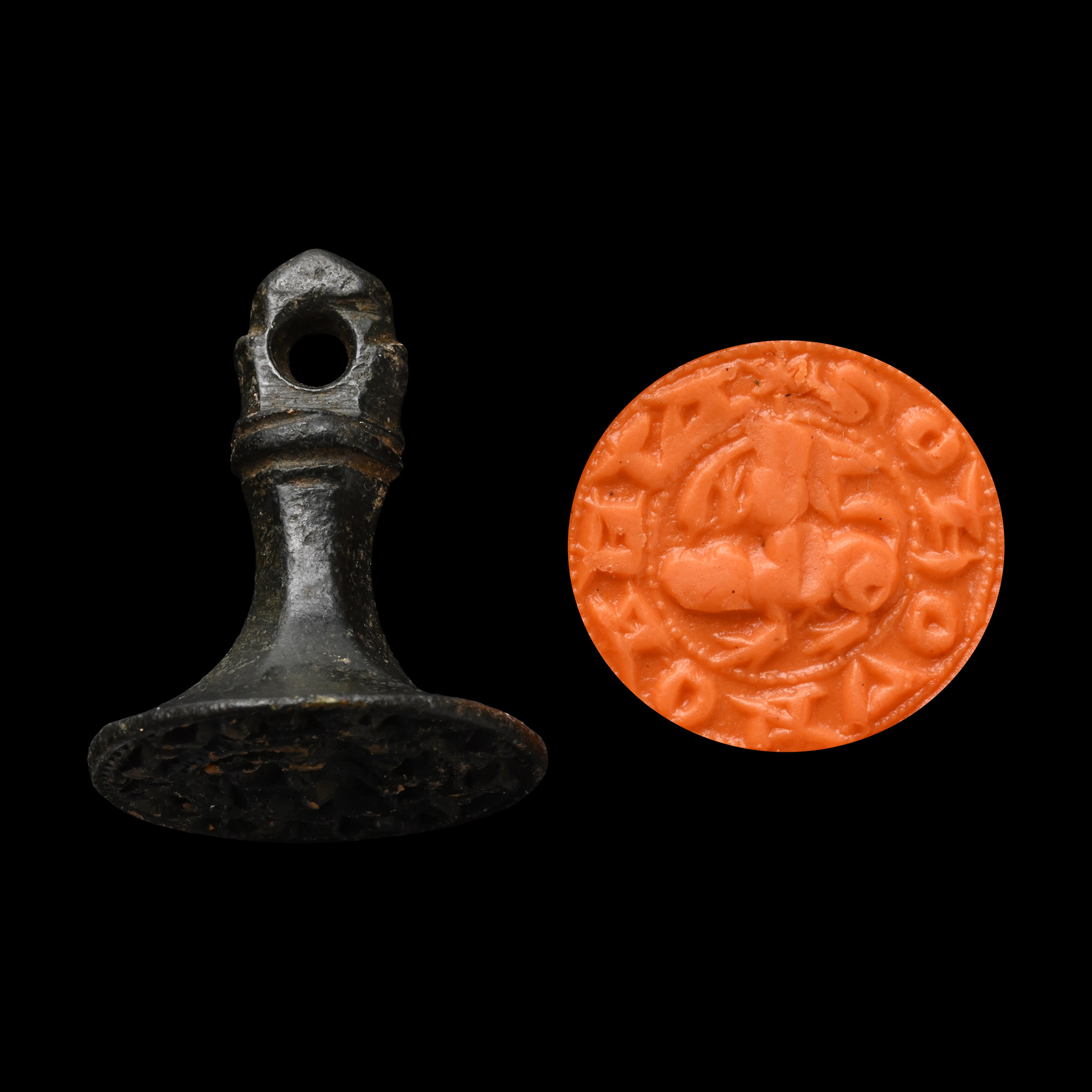 Medieval Bronze Round Seal Matrix with Hare Riding a Hound