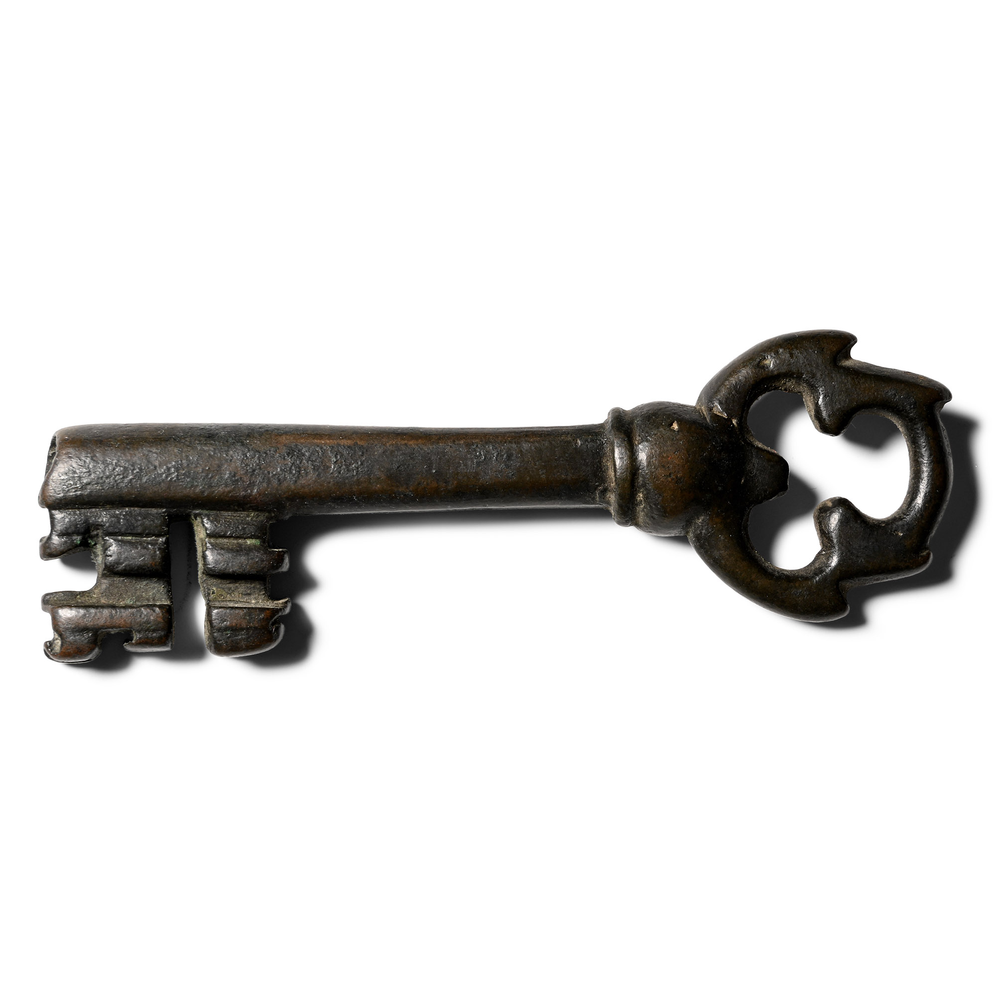 Large Medieval Bronze Door Key with Trefoil Handle