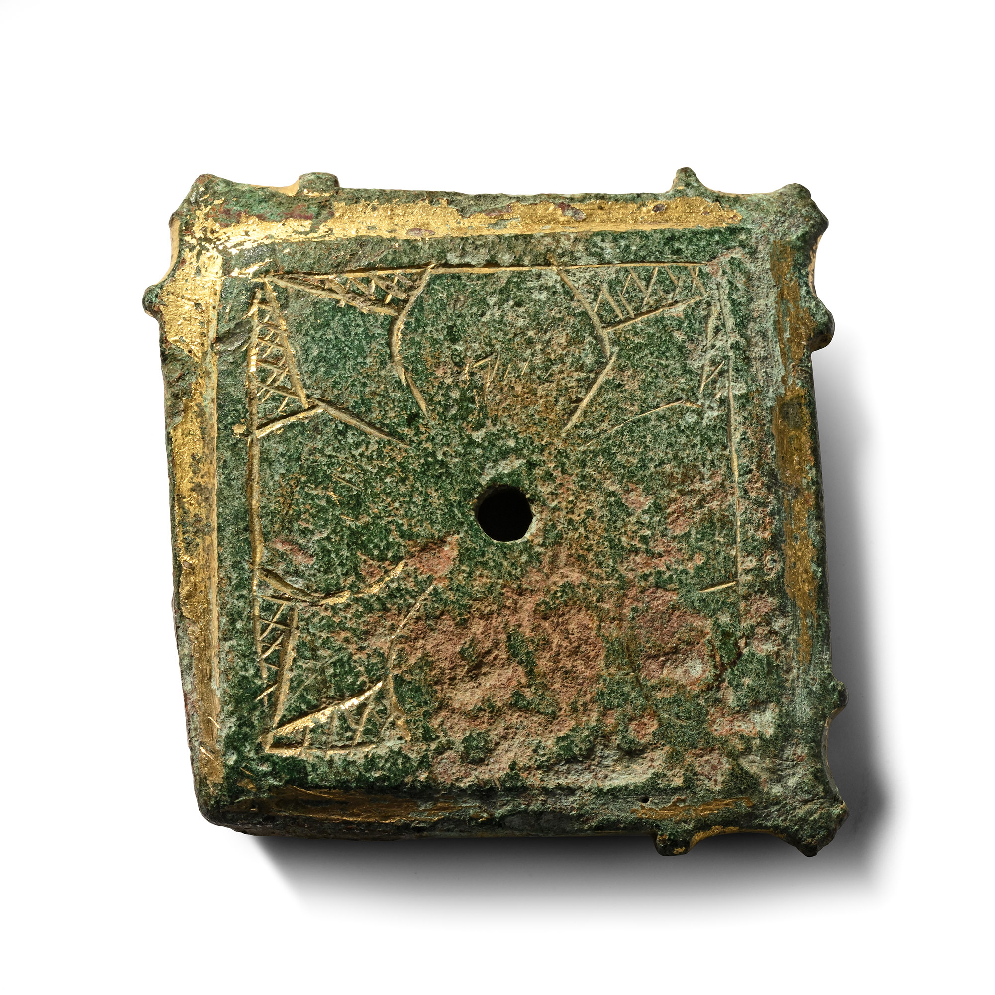 Heavy Medieval Gilt Bronze Reliquary Box Lid with Engraved Floral Cross