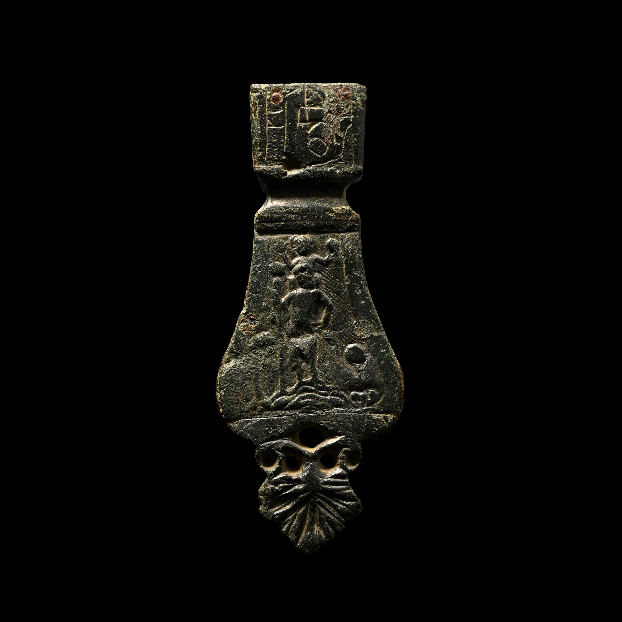 Very Large Heavy Medieval Bronze Strap End with Saint Christopher