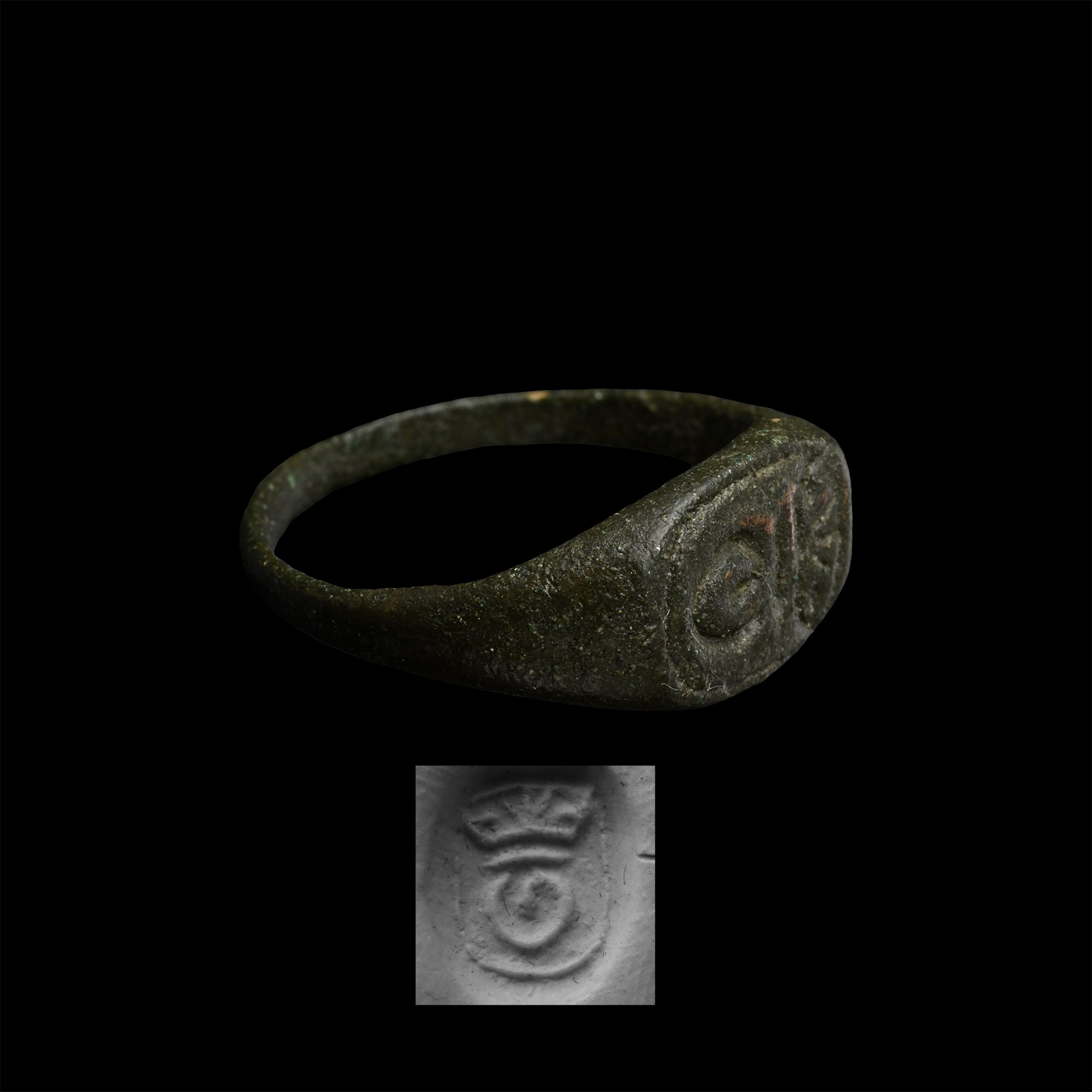 Medieval Bronze Signet Ring with Crowned T