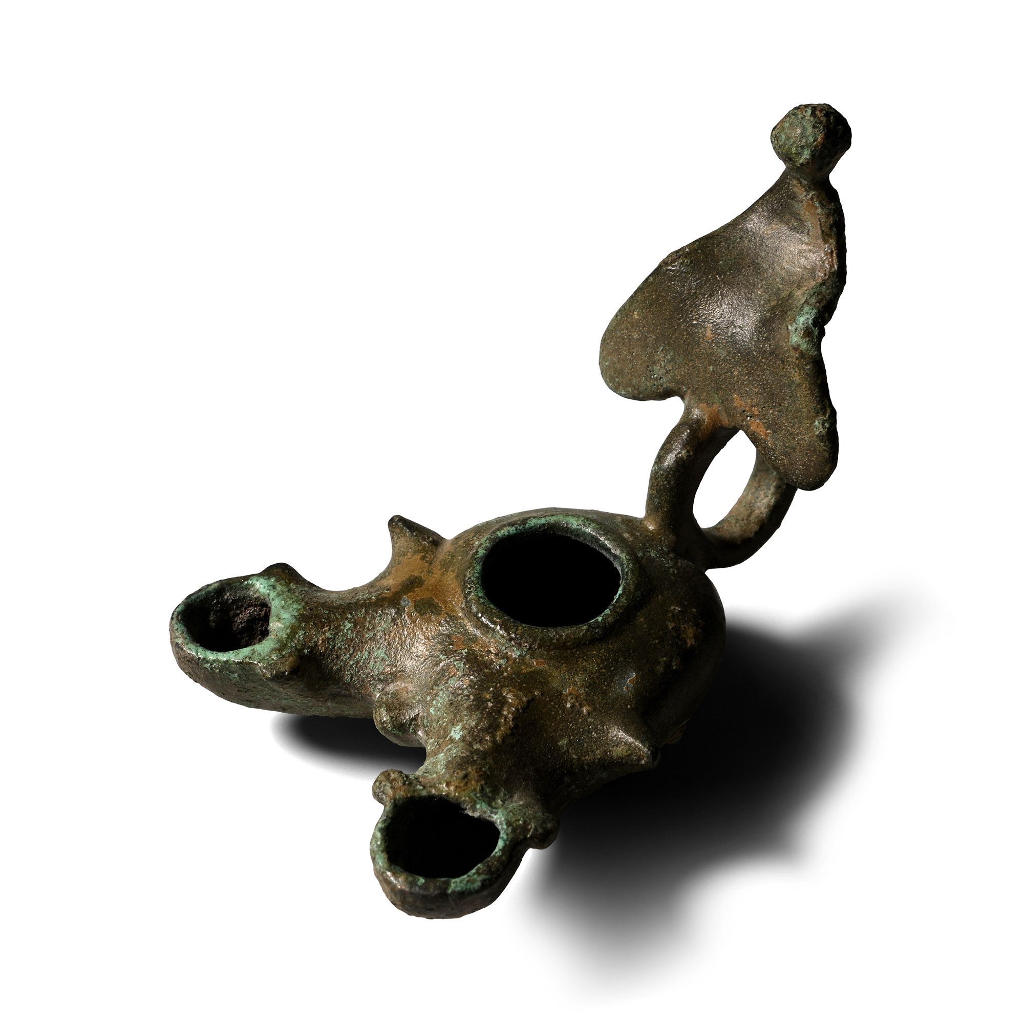 Roman Bronze Double-Spouted Oil Lamp