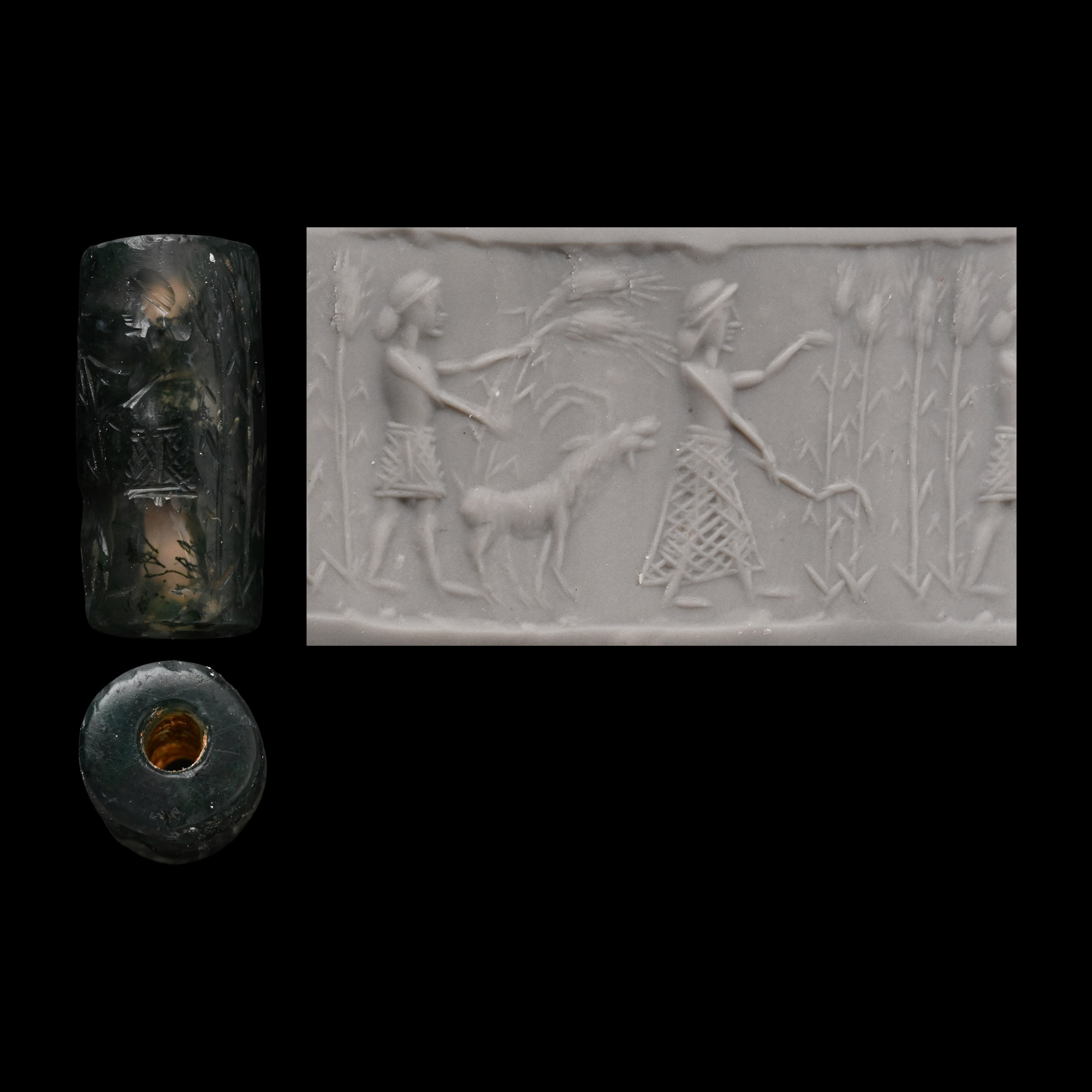 Western Asiatic Moss Agate Cylinder Seal with Farming Scene