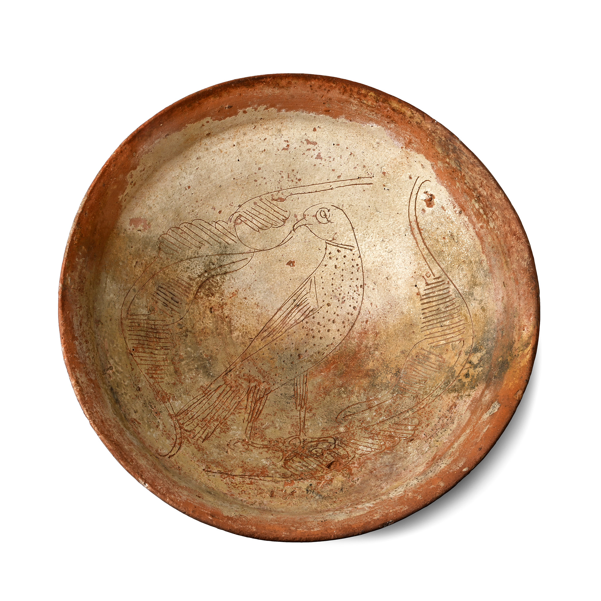 Byzantine Terracotta Sgrafitto Dish with a Falcon Among Leafy Branches