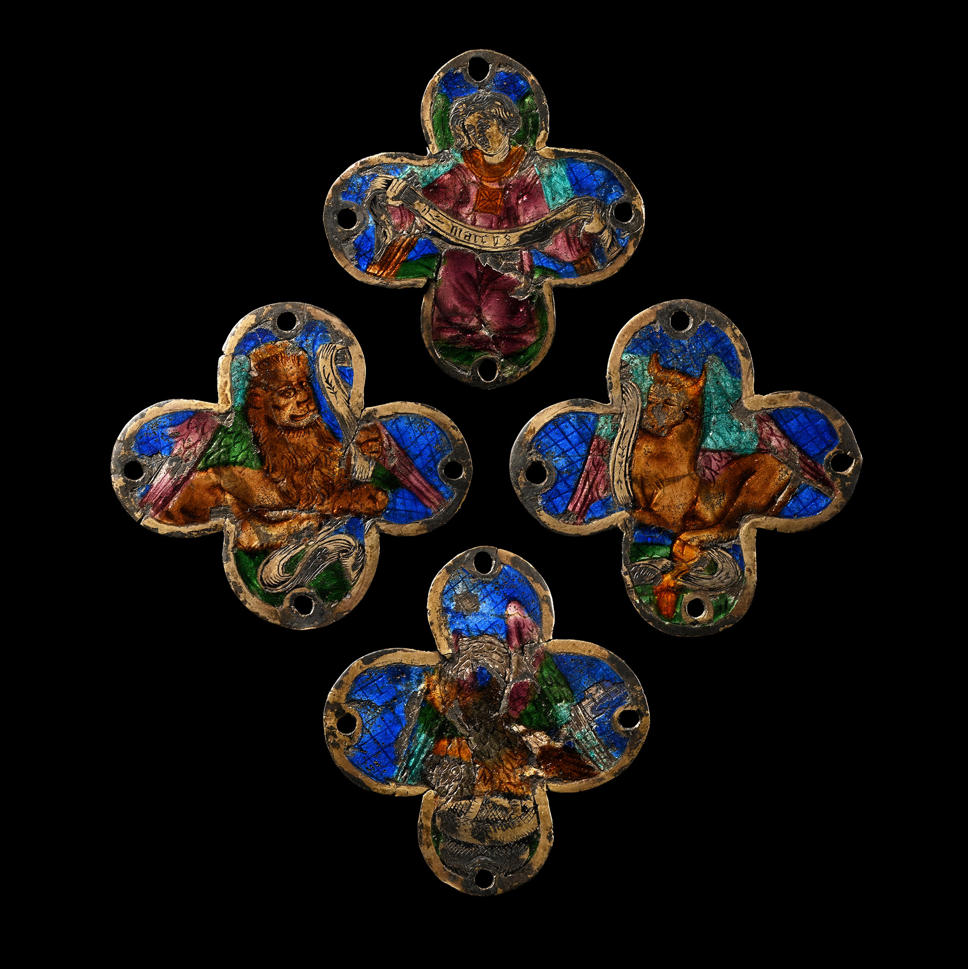Medieval Gilt Basse-Taille Plaques from a Processional Cross Depicting Evangelists