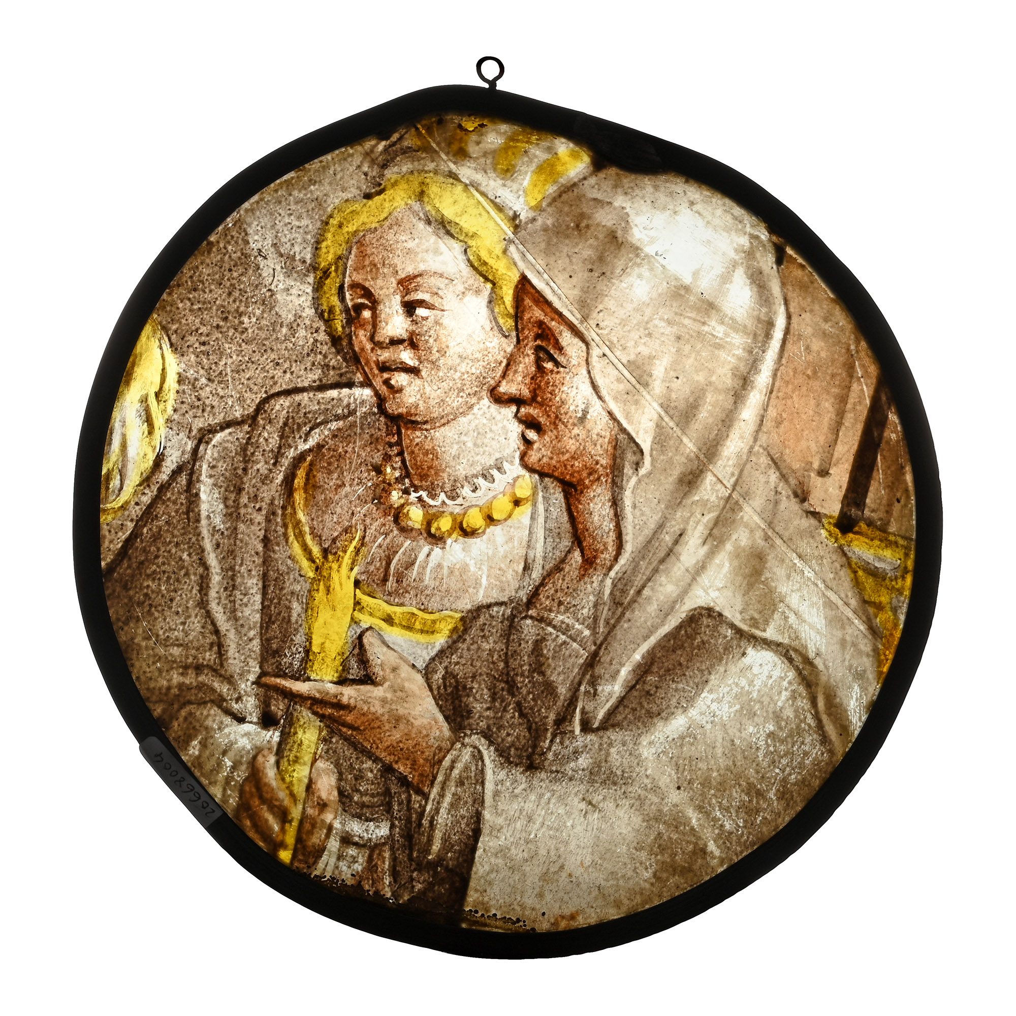 Medieval Stained Glass Roundel with Two Women in Conversation