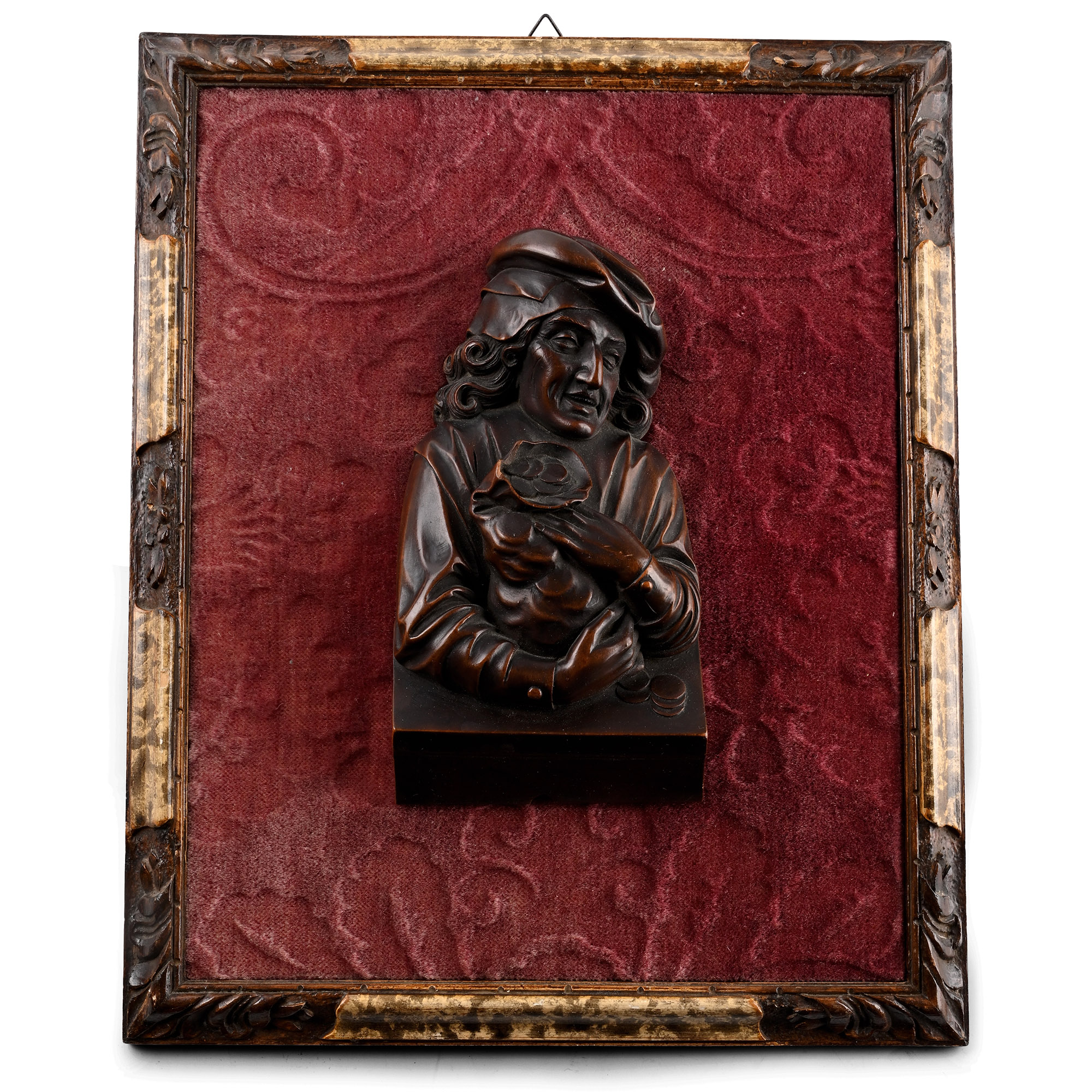 Post Medieval Wooden Bas Relief Representing a Gentleman Illustrating an Allegory of Avarice