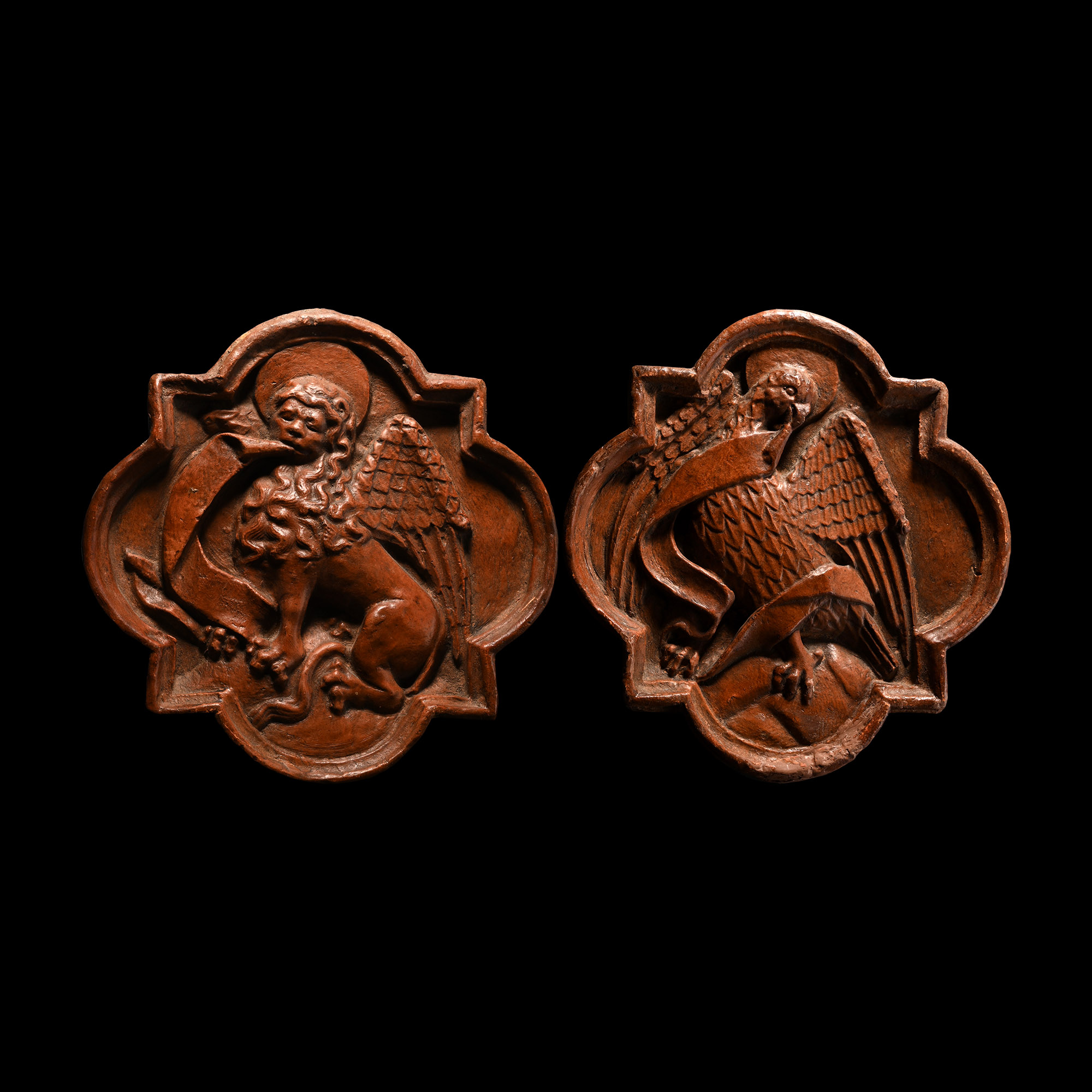 Medieval Red Clay Quatrefoil Tiles Decorated with Symbols of Saint John and Saint Mark