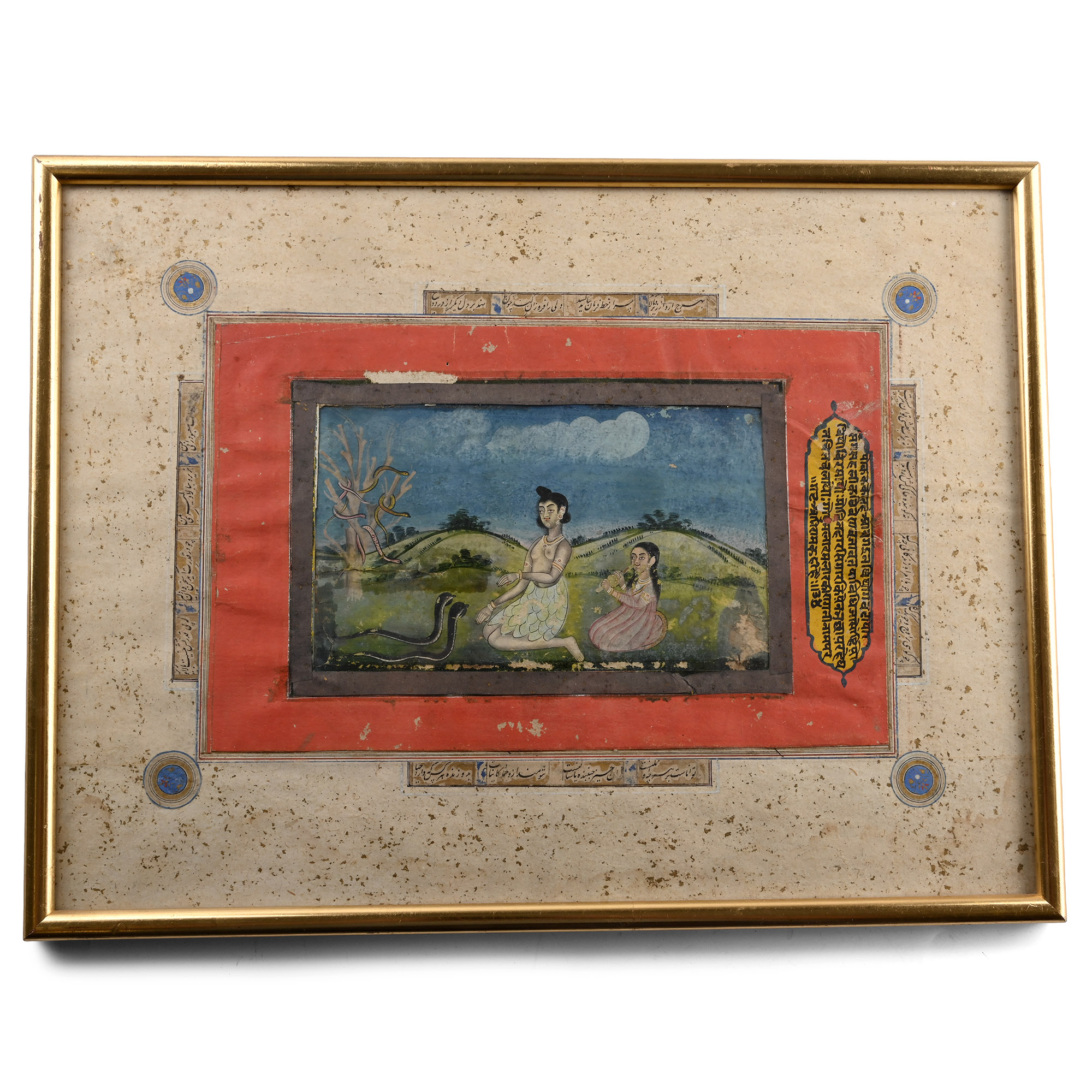 Indian Miniature Framed Watercolour Painting with Two Snake Charmers