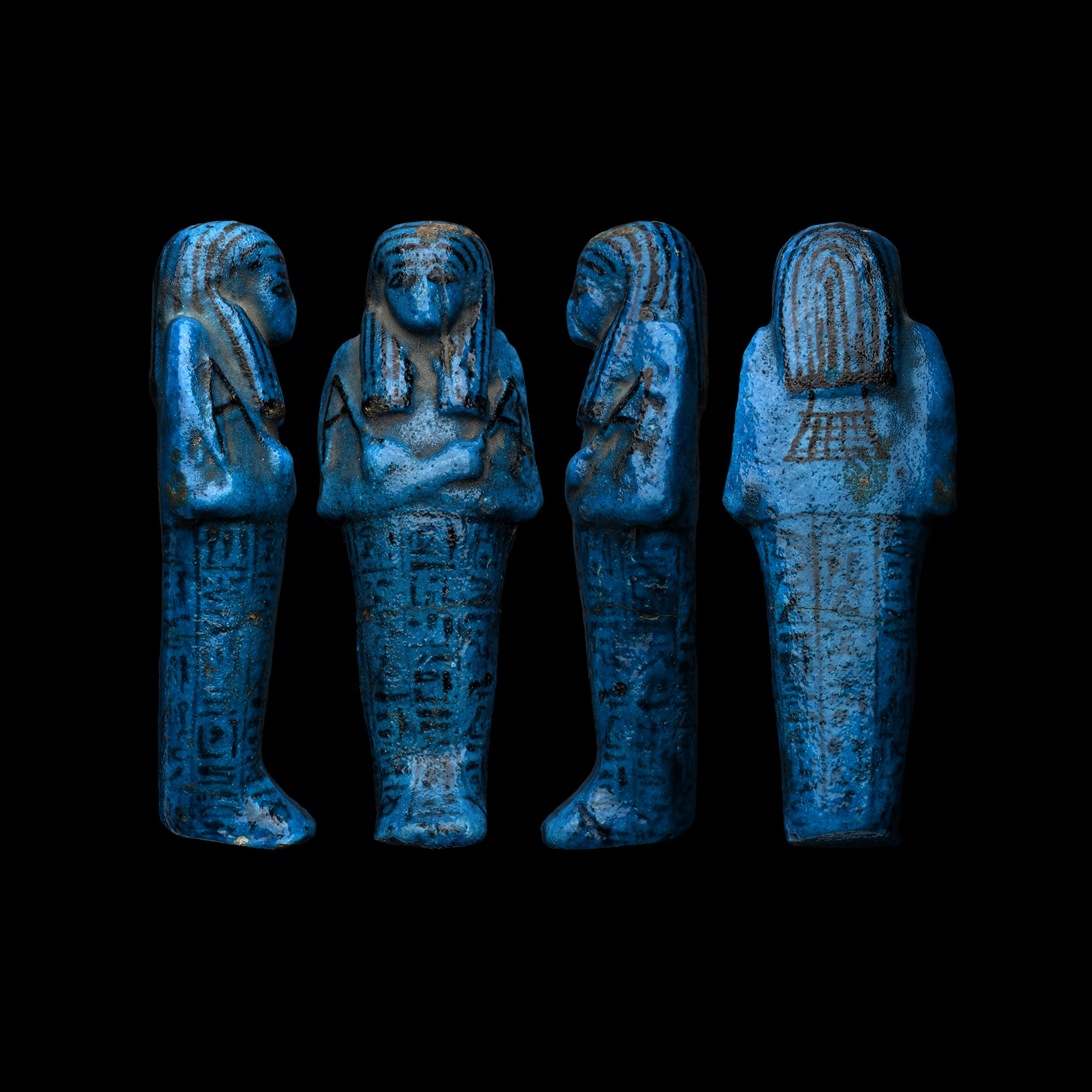 Egyptian Deir el-Bahari Bright Blue Glazed Faience Shabti of Nesitanebisheru, Daughter of Pinedjem II, High Priest of Amun, and Neskhons