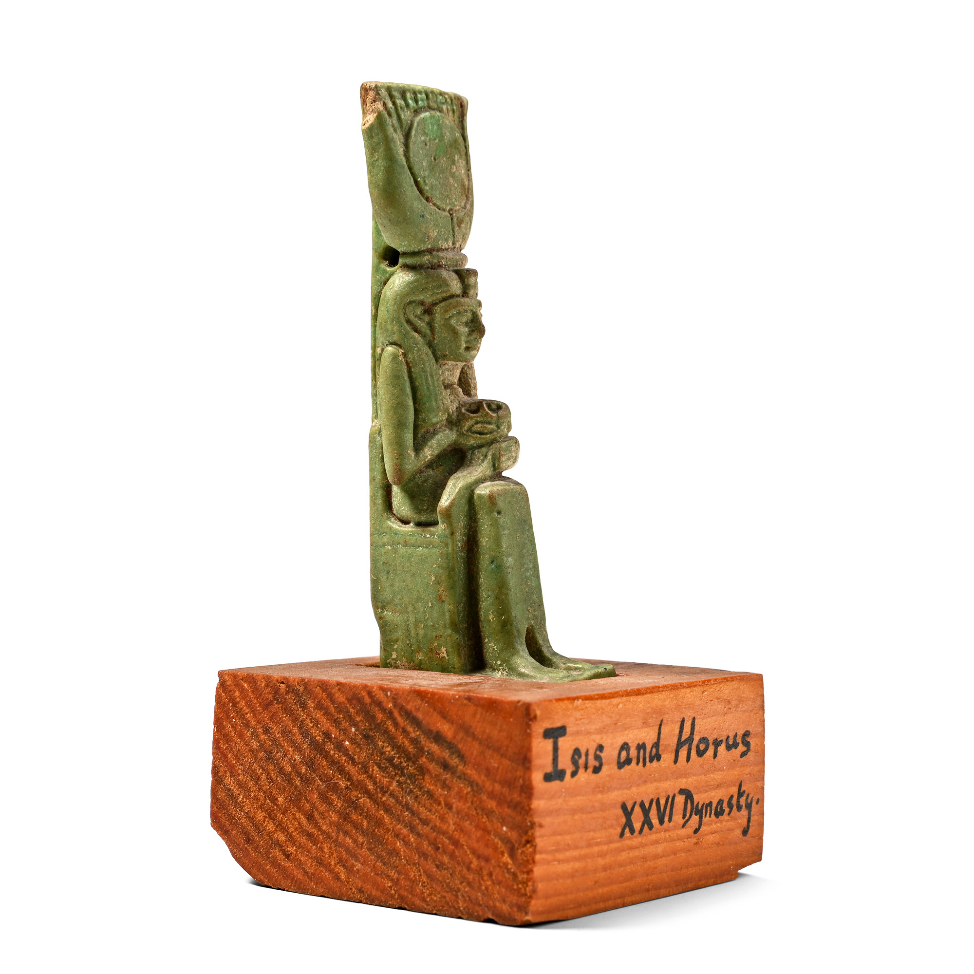 Egyptian Green Glazed Faience Amulet of the Goddess Isis with Horus