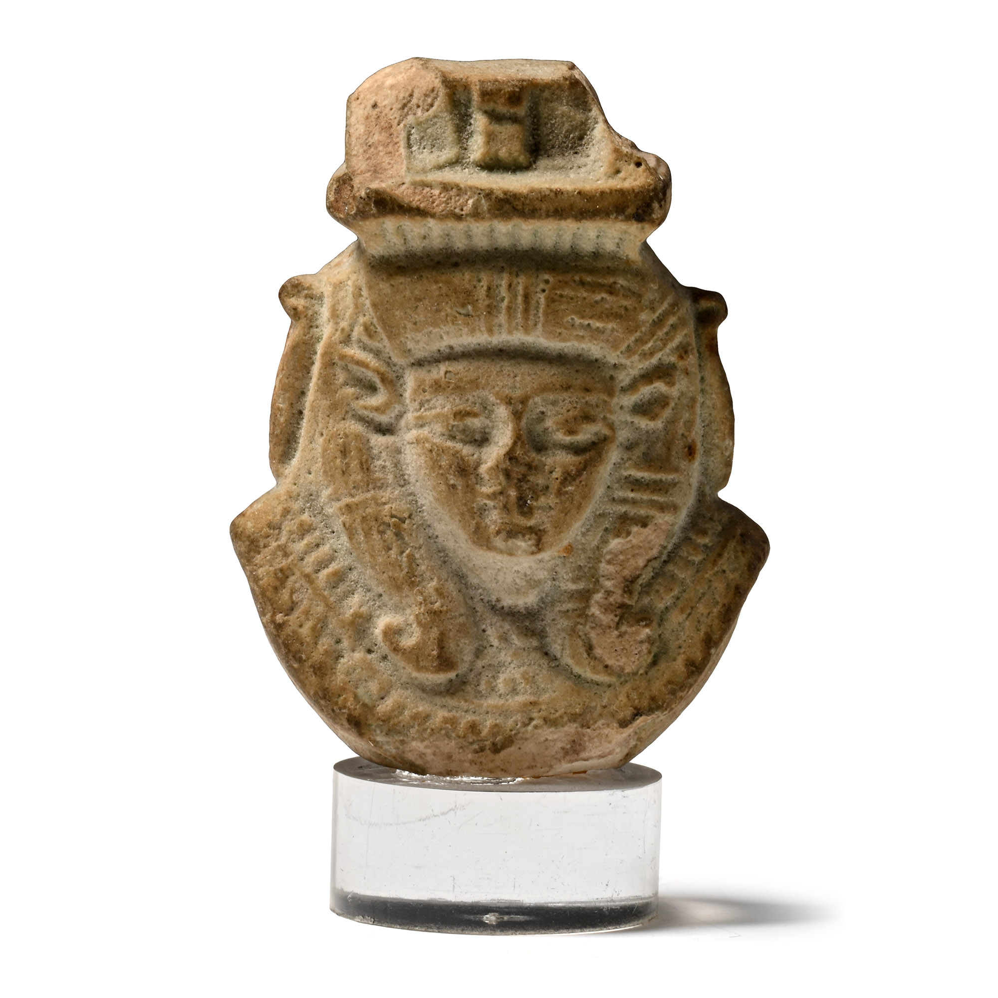 Egyptian Green Glazed Faience Head of the Goddess Hathor from a Sistrum