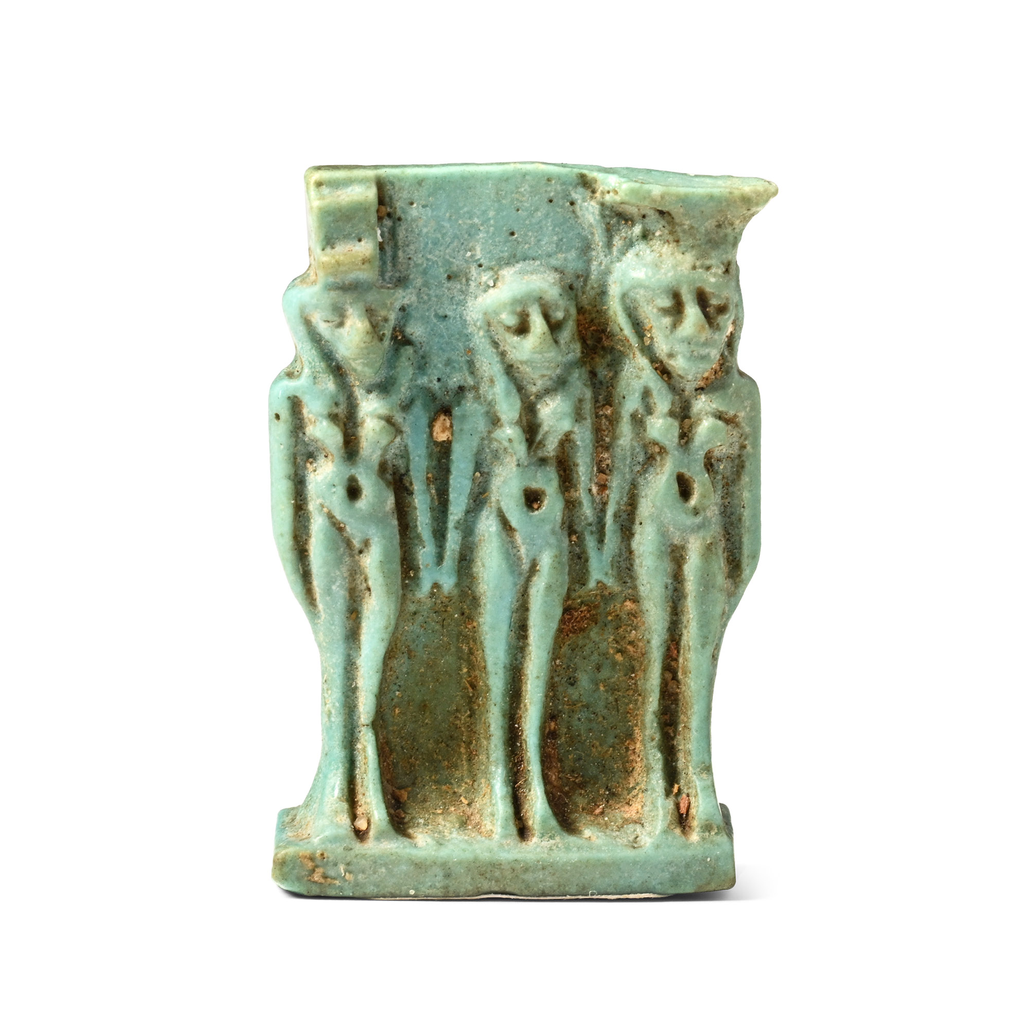 Egyptian Faience Triad Amulet with Nephthys, Horus, and Isis