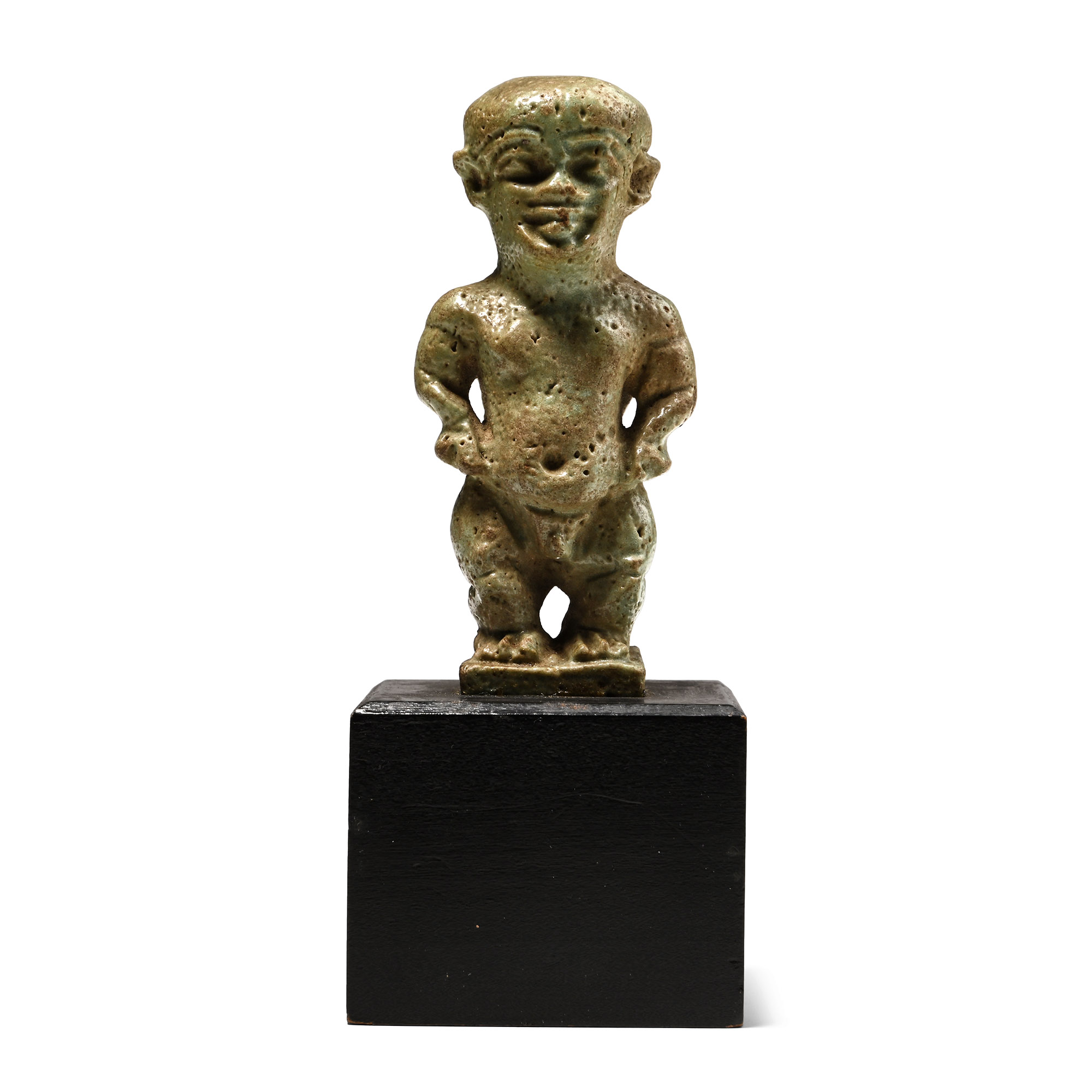 Large Egyptian Green Glazed Faience Bifacial Pataikos Amulet