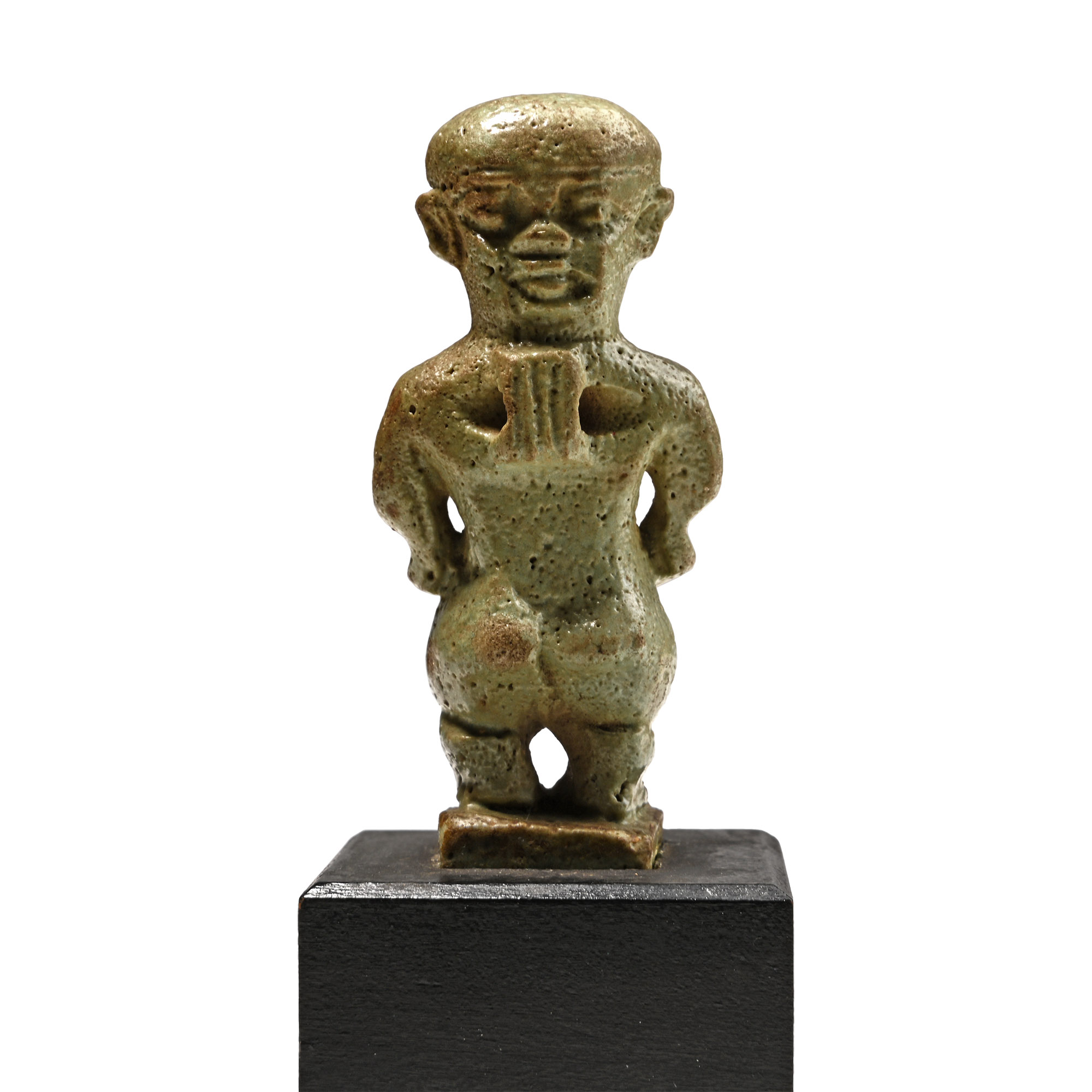 Large Egyptian Green Glazed Faience Bifacial Pataikos Amulet