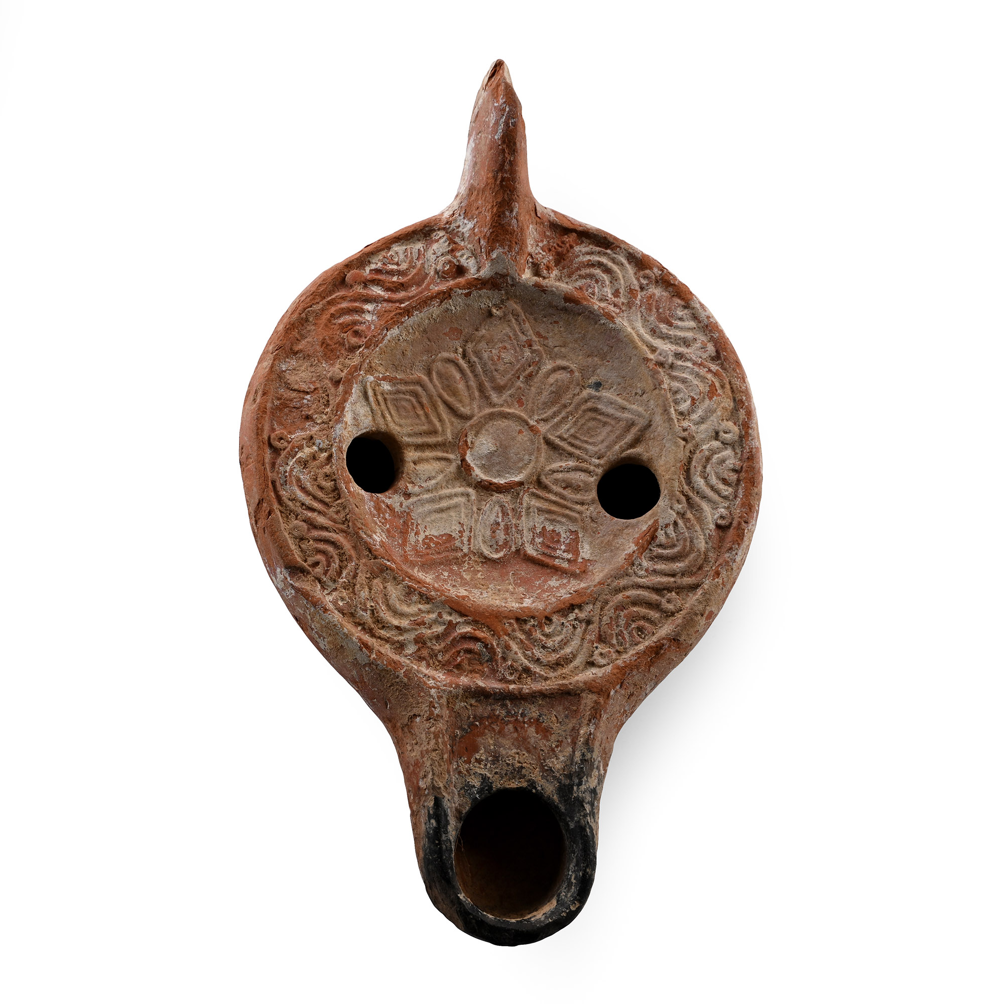 Roman Redware Oil Lamp with Geometric Patterns