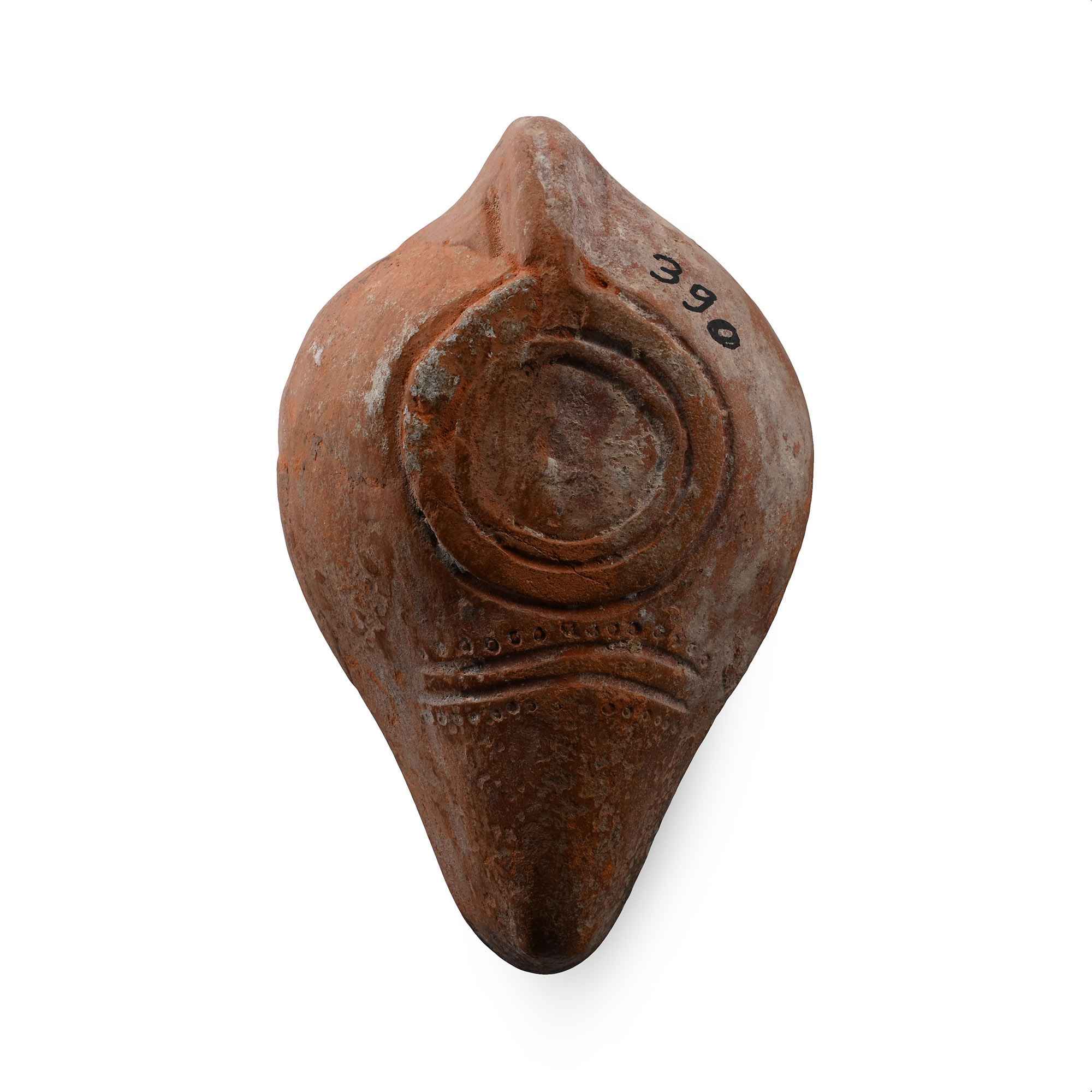 Late Roman Redware Oil Lamp with Leaping Lion