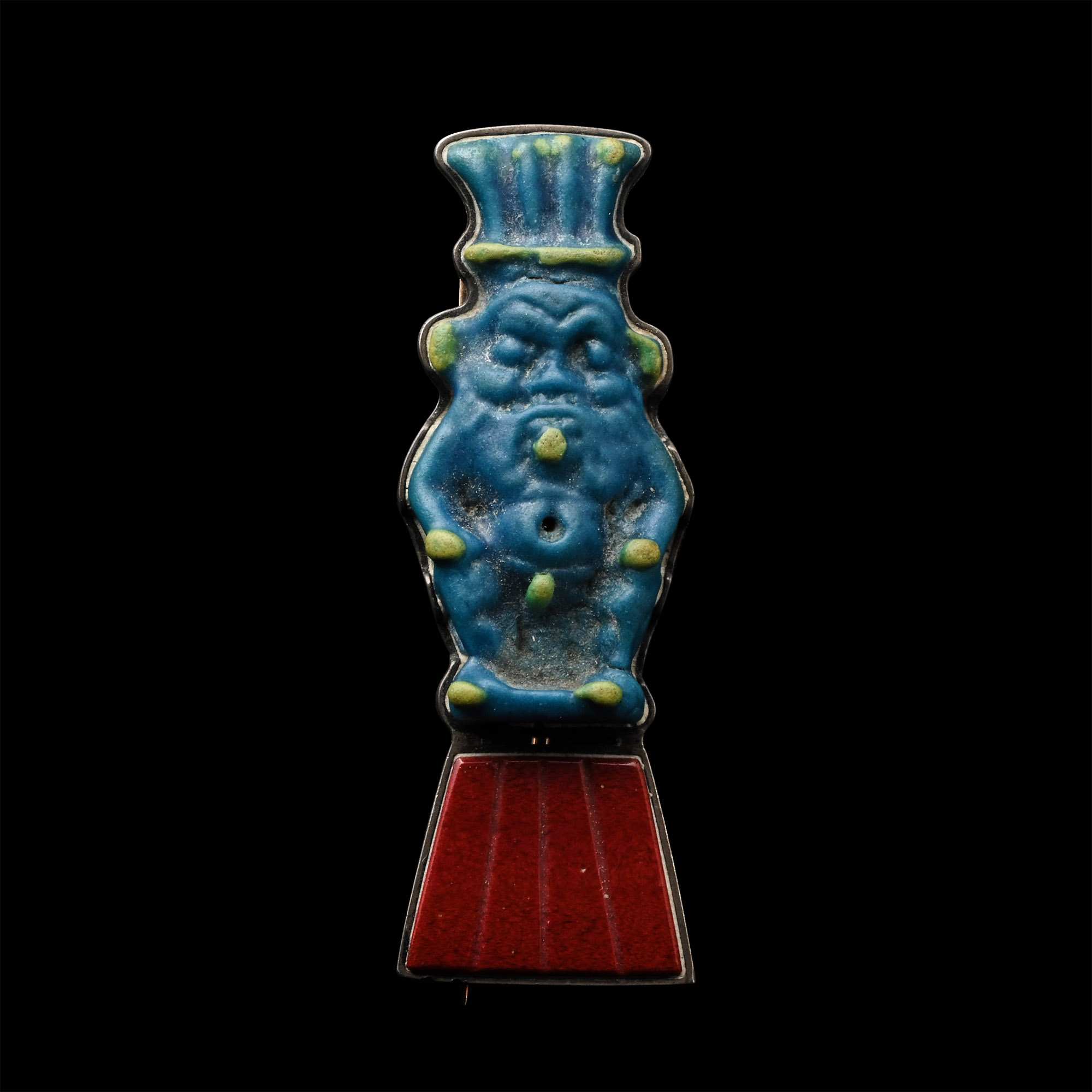 Egyptian Polychrome Faience Amulet of the God Bes Fashioned as a Dress Pin
