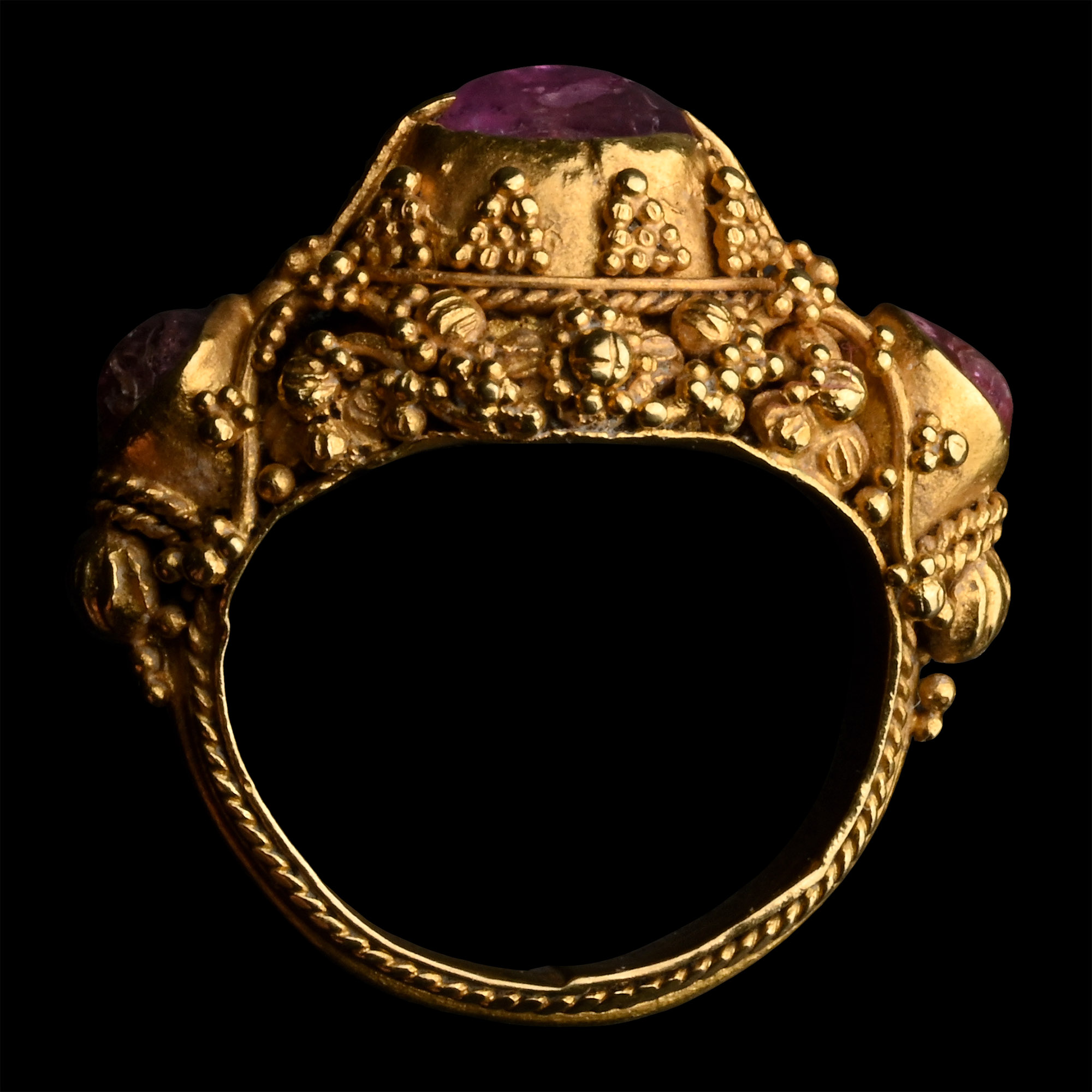 South East Asian Gold Ring with Elaborate Filigree and Pink Sapphire Gemstones