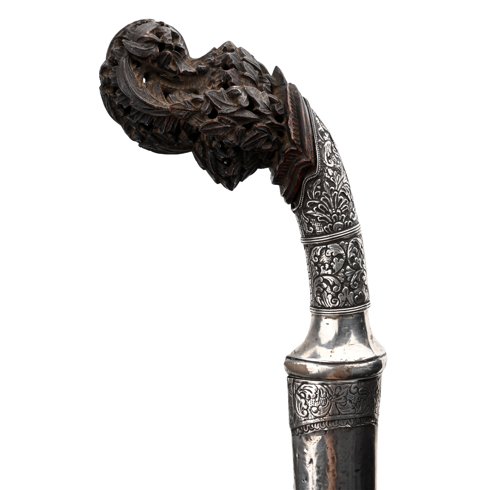 Indonesian Iron Sword with Carved Wooden Handle in Scabbard