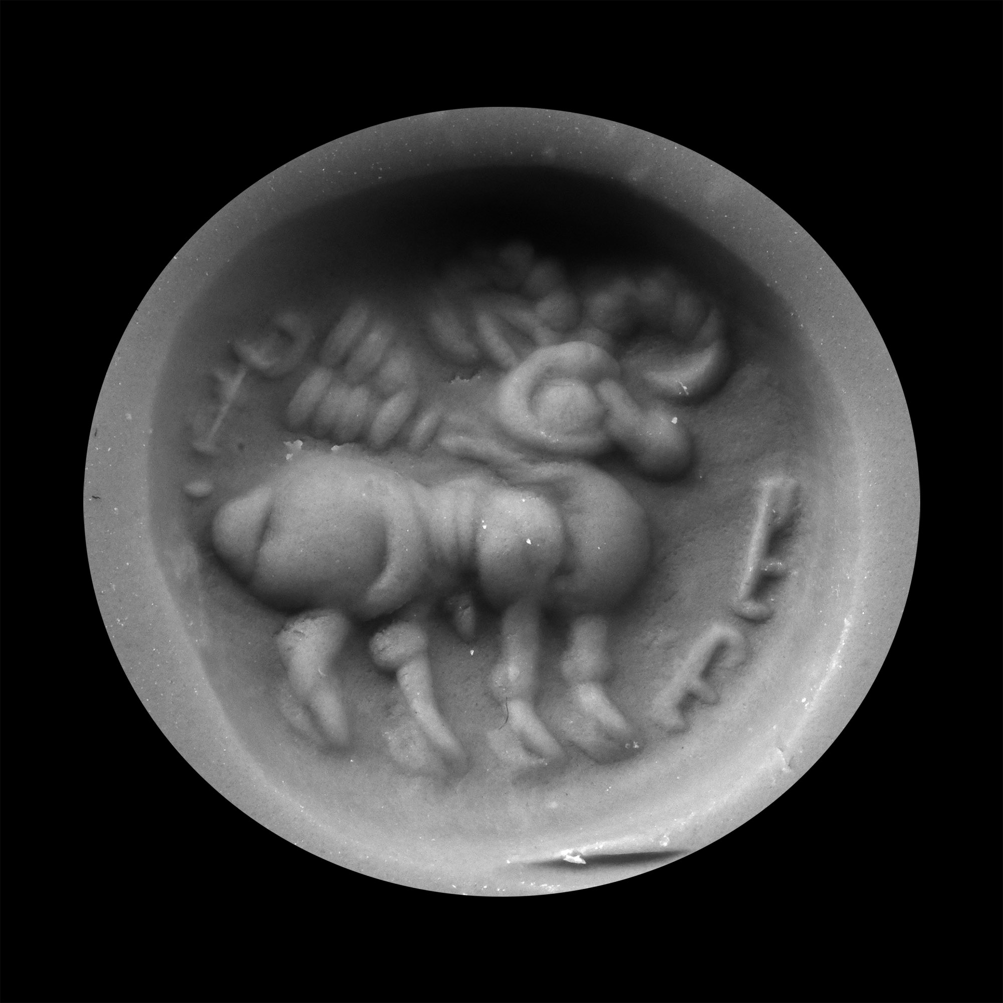 Sasanian Lapis Lazuli Stamp Seal with Ram and Pahlavi Inscription