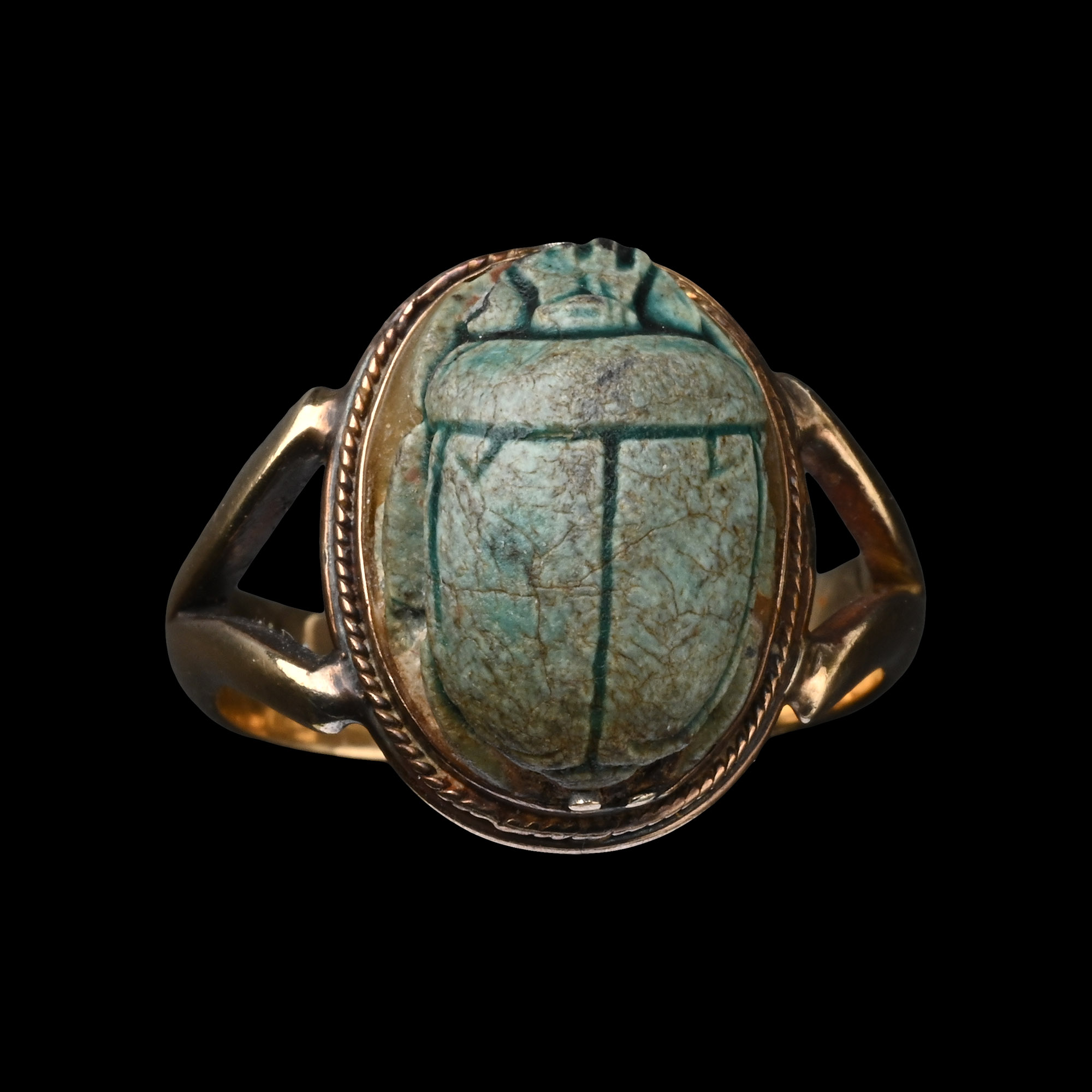 Egyptian Glazed Faience Scarab in Victorian Gold Ring
