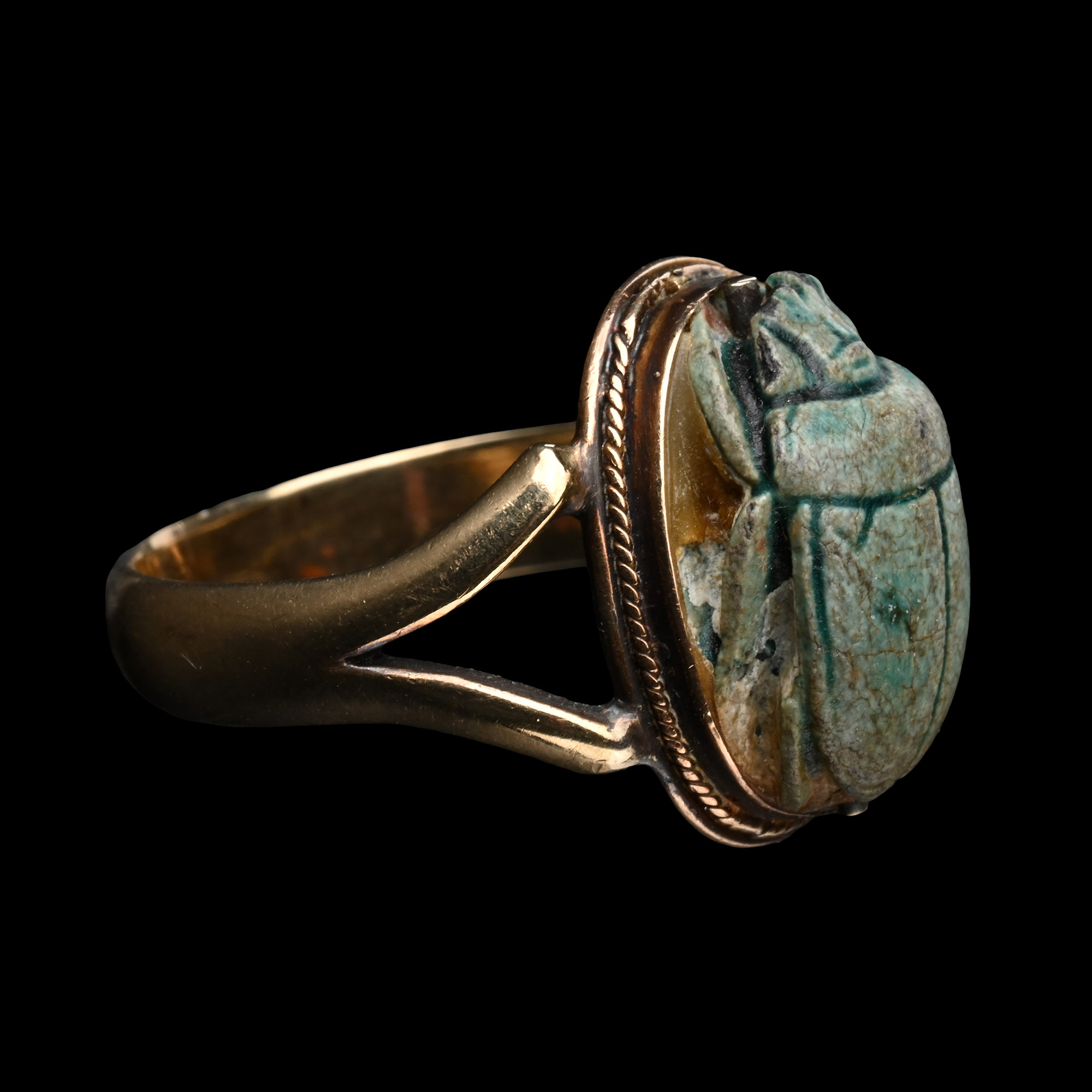 Egyptian Glazed Faience Scarab in Victorian Gold Ring