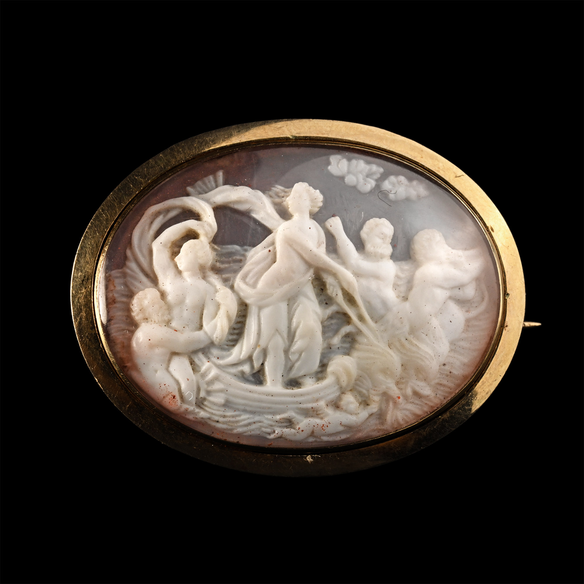 Renaissance Shell Cameo of the Triumph of Galatea, after Raphael, in a Later Gold Brooch