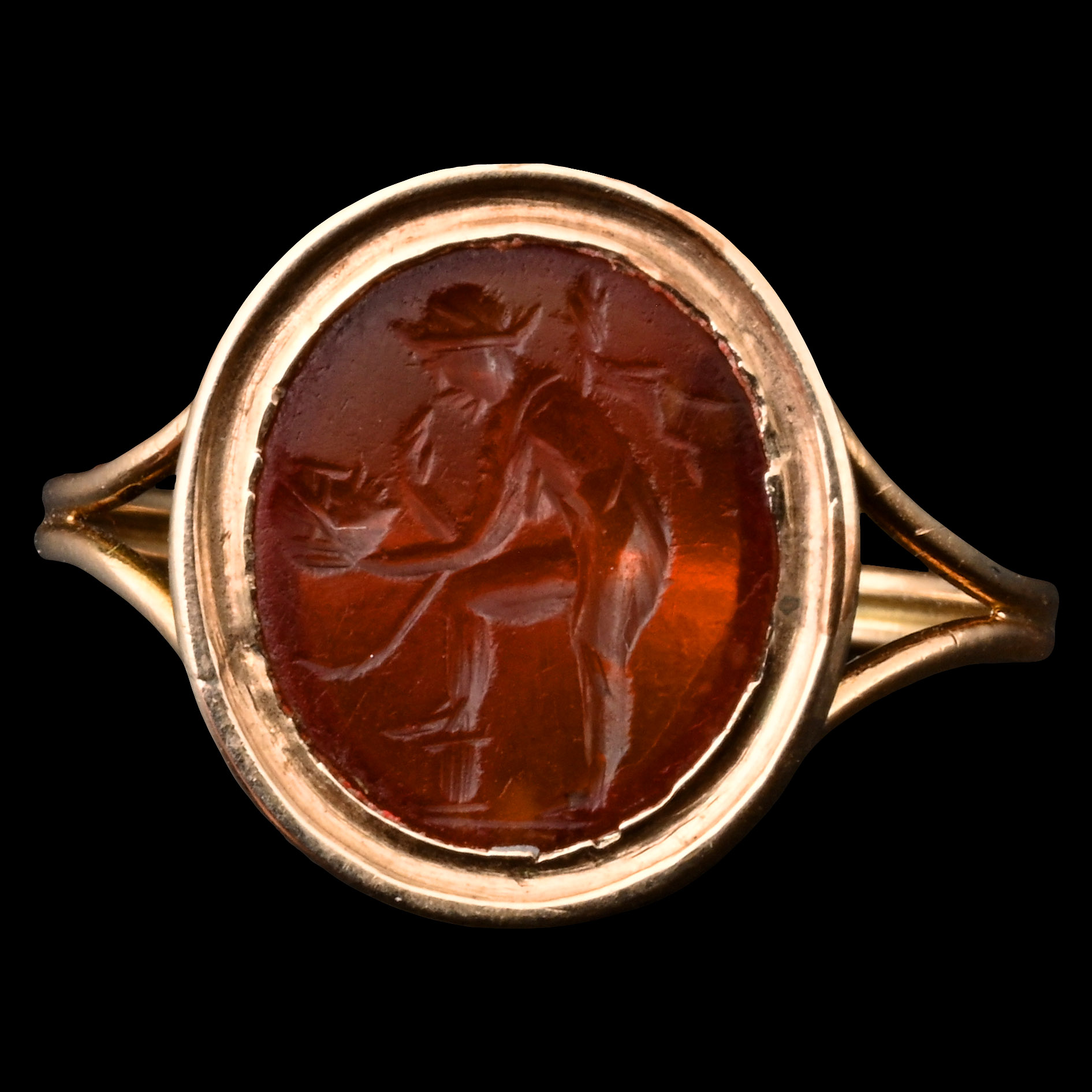 Roman Carnelian Gemstone of a Figure Contemplating a Mask in a Nineteenth-Century Gold Ring