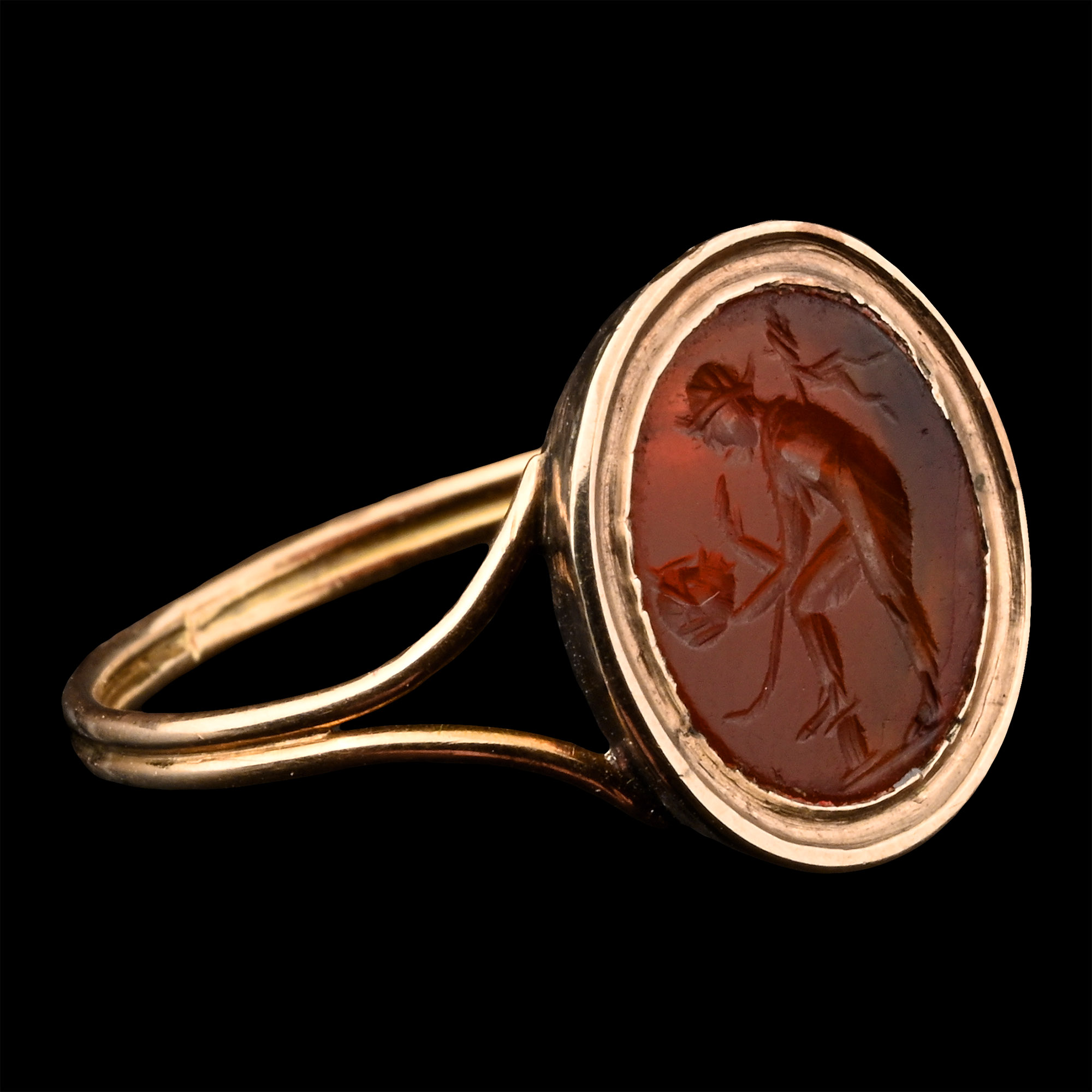 Roman Carnelian Gemstone of a Figure Contemplating a Mask in a Nineteenth-Century Gold Ring