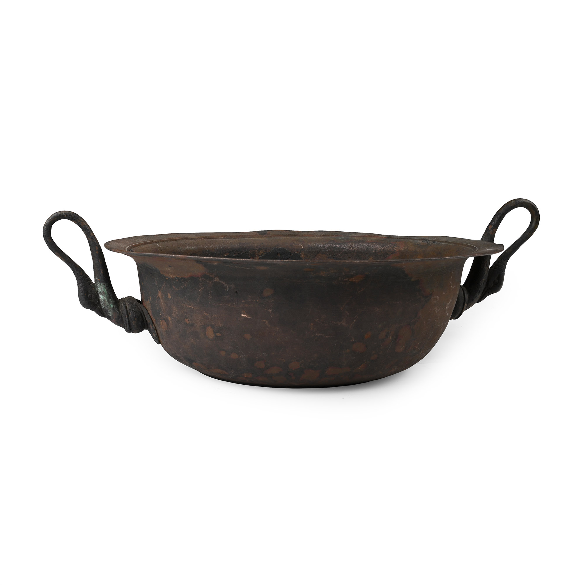 Post Medieval Bronze Bowl with Swan-Necked Handles