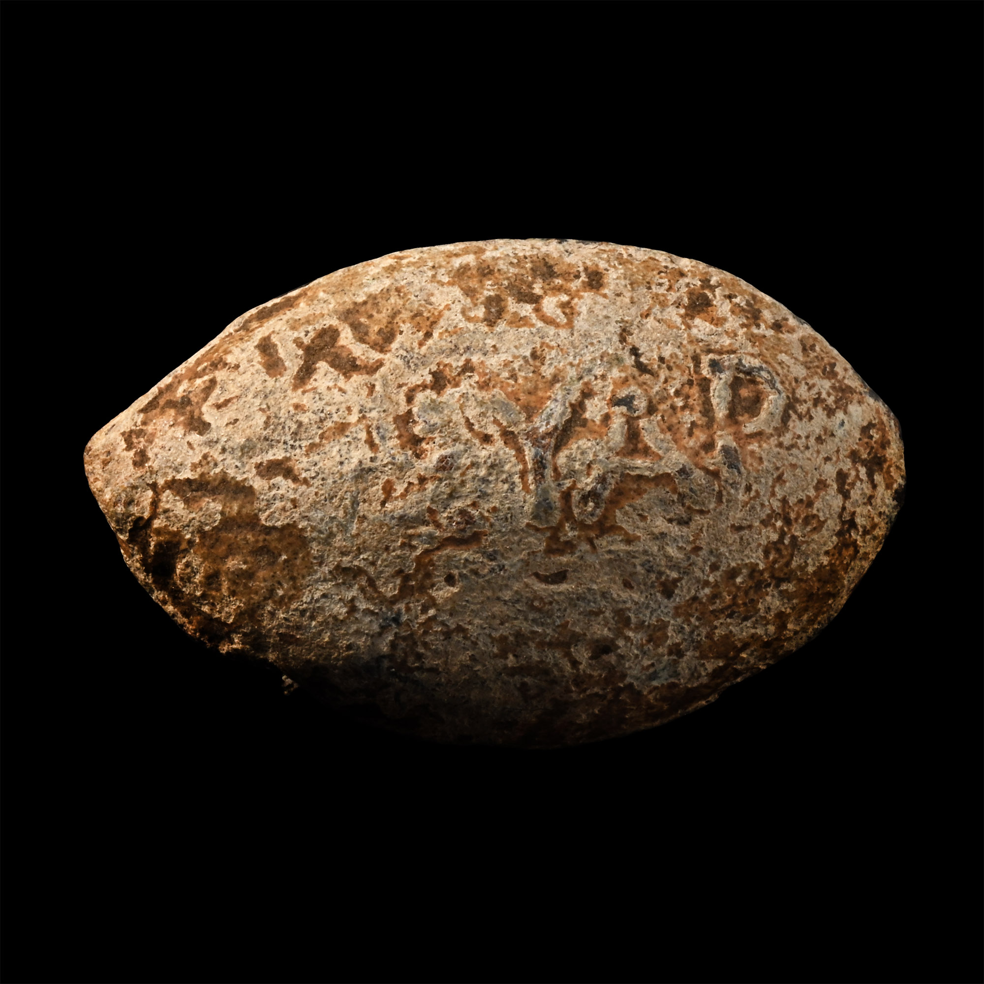 Greek Lead Slingshot inscribed EYAP//MANHC