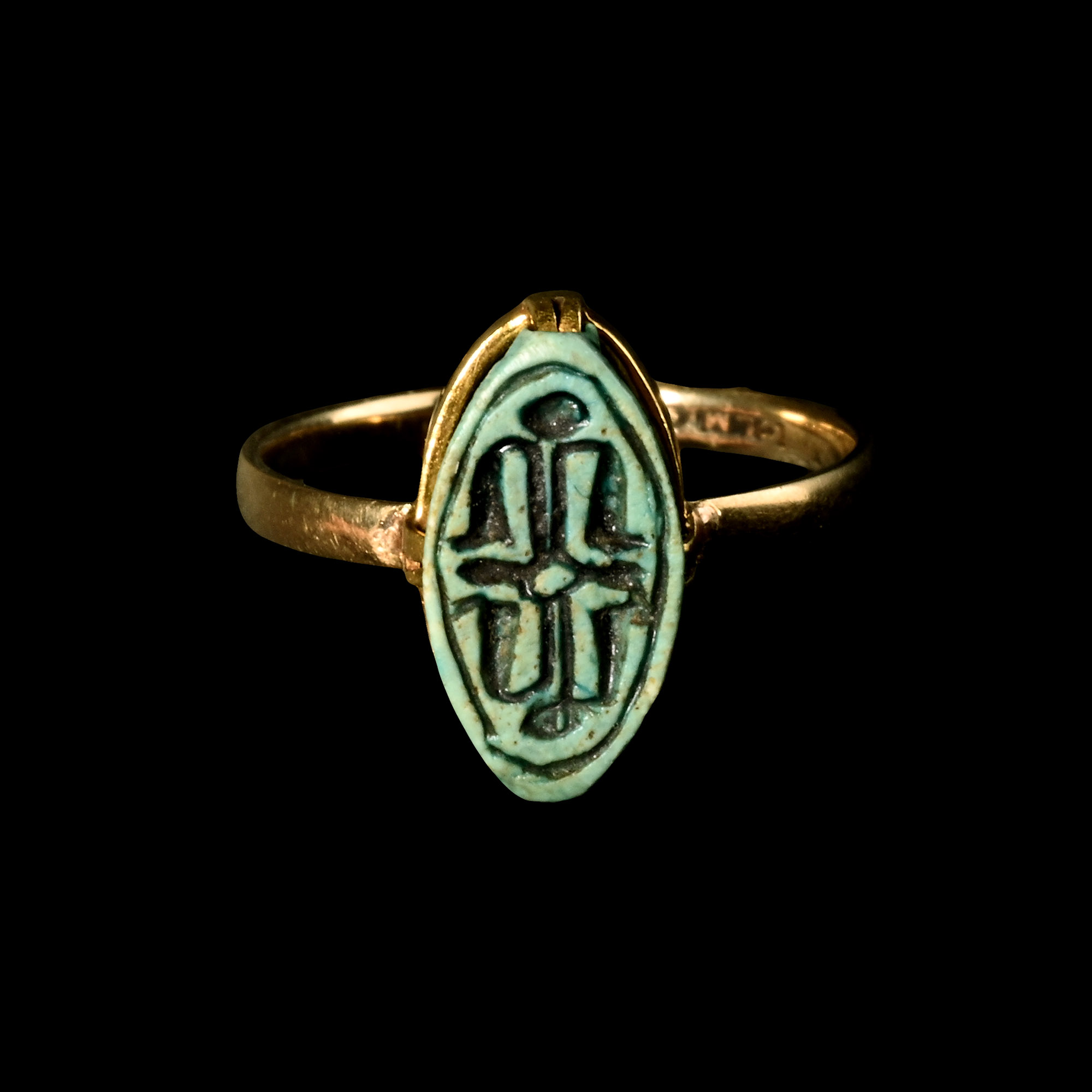 Egyptian Blue Faience Cowroid with Uraei in Gold Ring