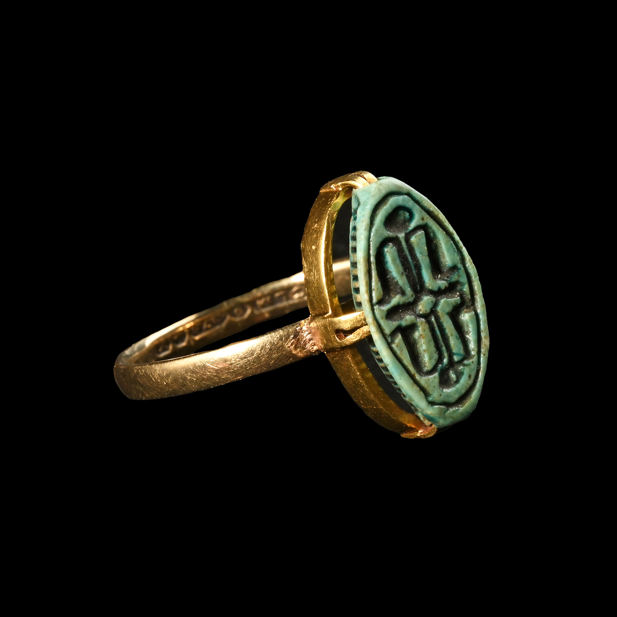 Egyptian Blue Faience Cowroid with Uraei in Gold Ring