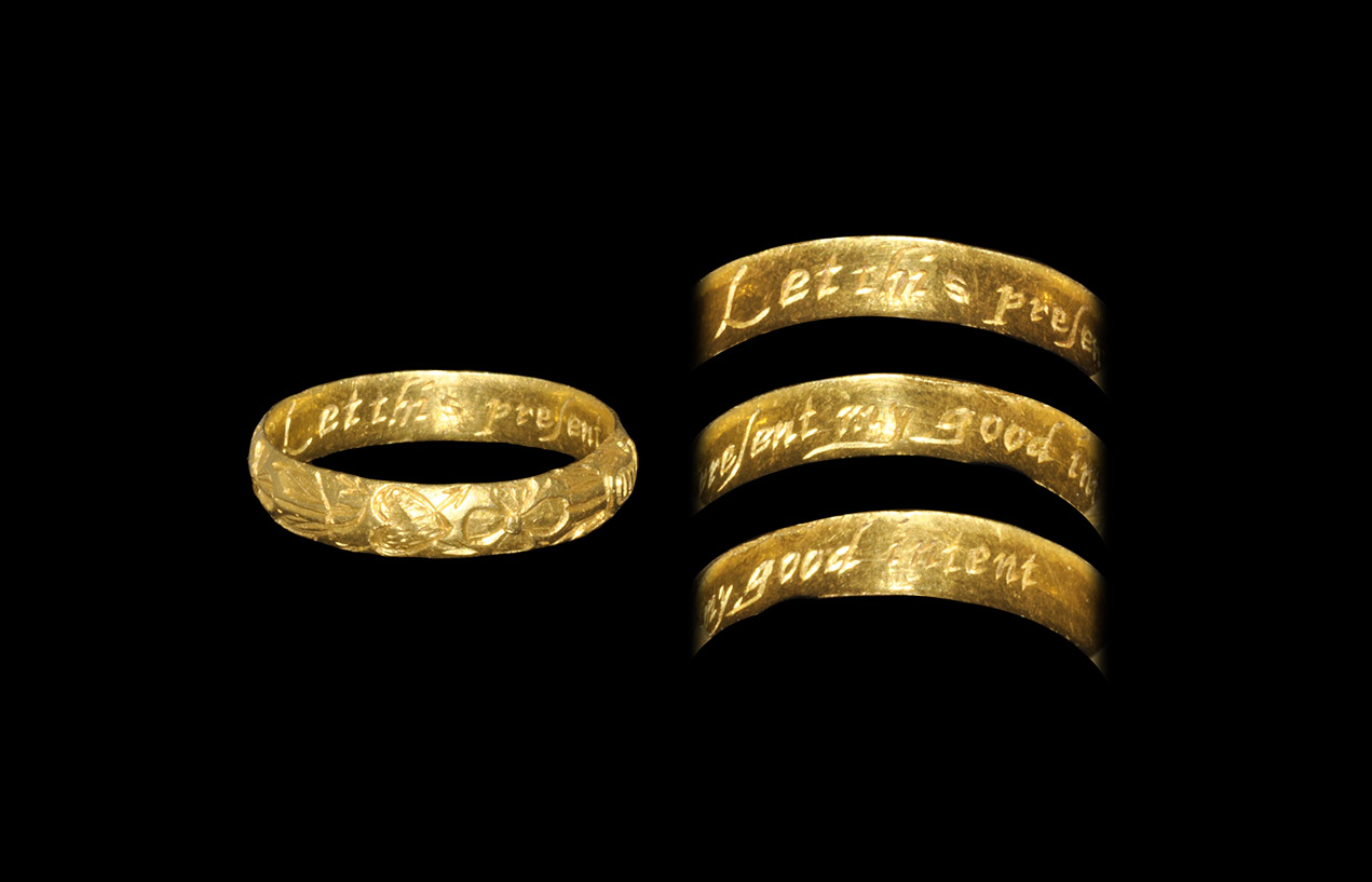 Post Medieval Gold 'Let This Present My Good Intent' Love Hearts and Forget-Me-Nots Posy Ring