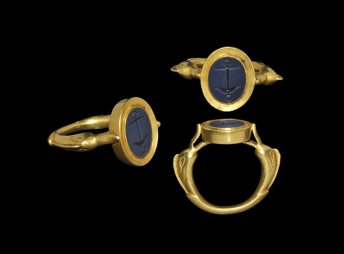 Roman Gold Ring with Anchor and Dolphins