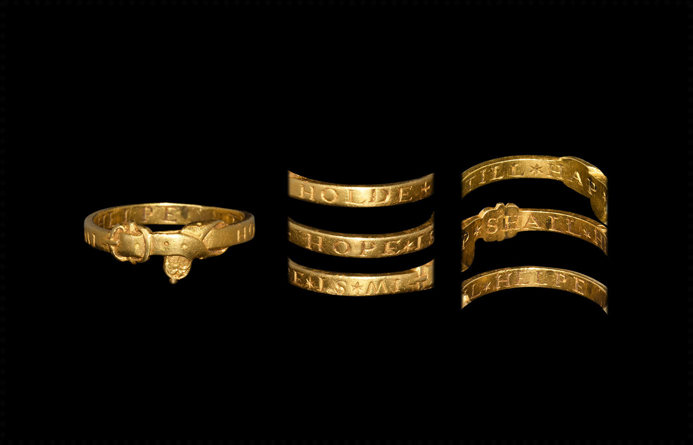 Post Medieval Tudor Gold 'HOPE IS MI HOLDE TILL HAP SHALL HELPE' Buckle Posy Ring