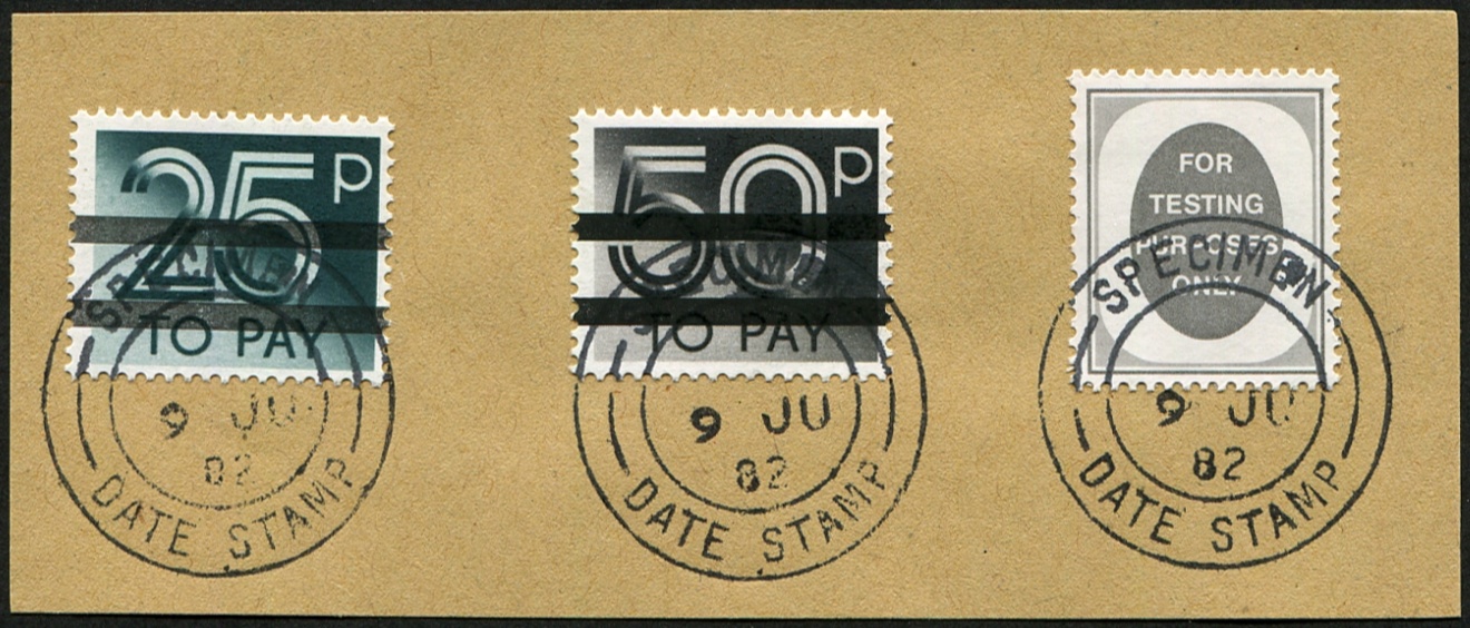 1982 25p, 50p SG D97/98 + 'POACHED EGG' TESTING STAMP