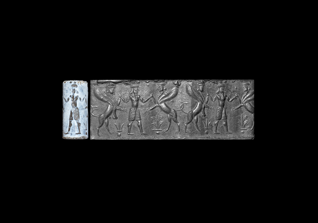 Western Asiatic Assyrian Chalcedony Cylinder Seal with Hero Scene