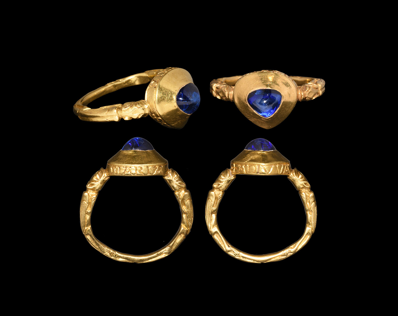 Massive Medieval Gold Inscribed Ring with Sapphire