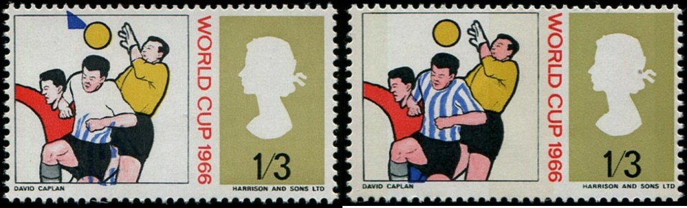 1966 World Cup 1/3d SG 695 SPECTACULAR SHIFT OF 'BLUE' DOWNWARDS
