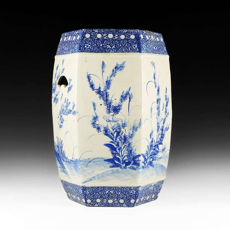 Large Japanese Blue and White Stool with Birds