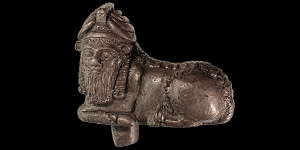Western Asiatic Neo-Sumerian Silver Human-Headed Bull Statuette